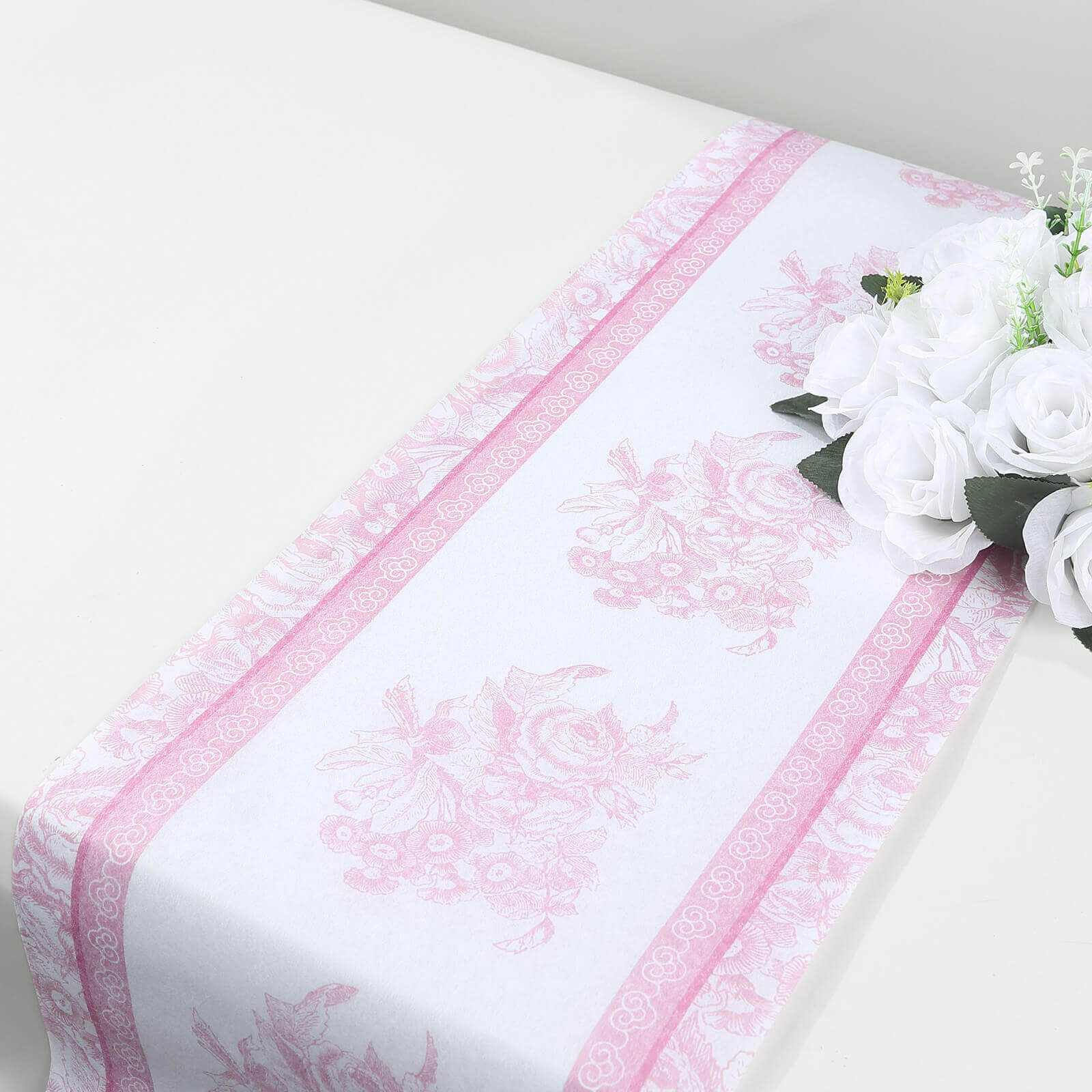 5 Pack Disposable Table Runners 11"x108" White with Pink Floral Pattern - Non-woven Stylish Kitchen Dining Table Decor