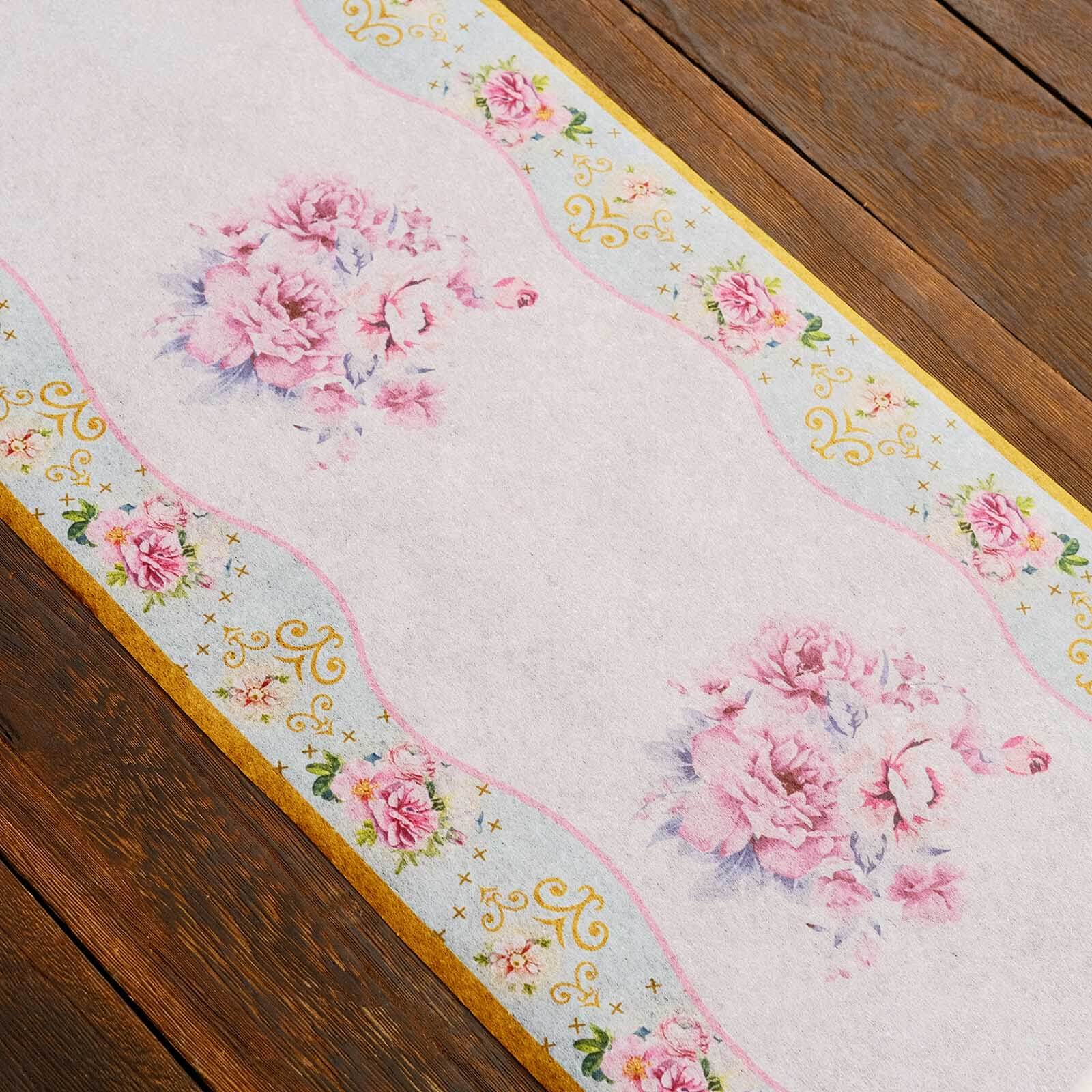 Disposable Table Runner 11"x108" White with Pink Peony Floral Print - Non-woven Stylish Spring Summer Dining Decor