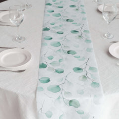Disposable Table Runner 11"x108" White with Green Eucalyptus Leaves Print - Non-woven Stylish Spring Summer Dining Decor