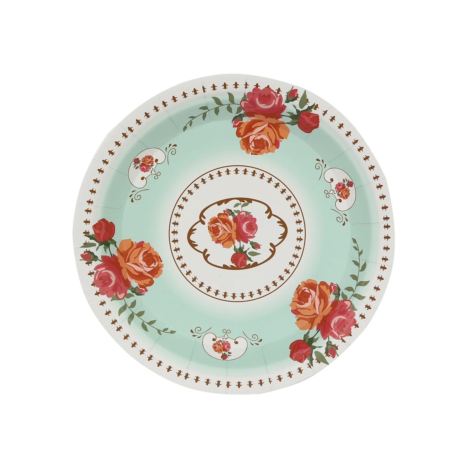 25-Pack Paper 7" Round Dessert Plates in Light Turquoise with Vintage Rose Flower Print - Disposable Appetizer Salad Plates