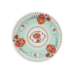 25-Pack Paper 7" Round Dessert Plates in Light Turquoise with Vintage Rose Flower Print - Disposable Appetizer Salad Plates