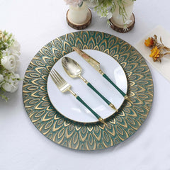 6-Pack Plastic Round Charger Plates 13" in Teal with Gold Embossed Peacock Pattern, Stylish Disposable Charger Tableware