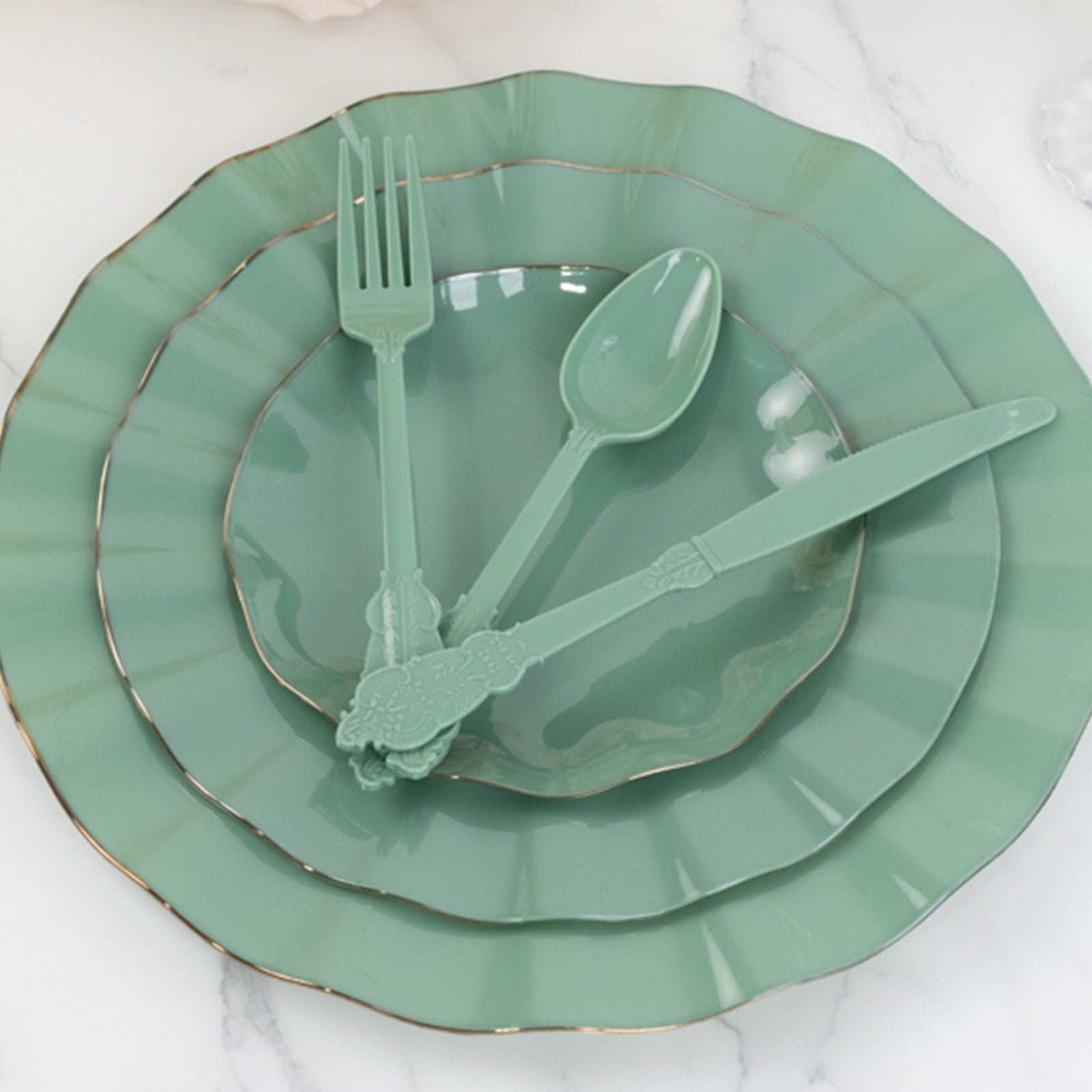 72 Pcs Plastic Silverware Set in Baroque Style Dusty Sage Green - Heavy Duty Disposable Knife, Fork, and Spoon Set