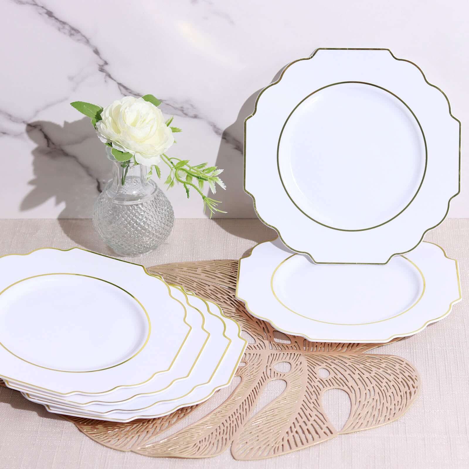 10-Pack Plastic Dessert Appetizer Plates in White Baroque Design with Scalloped Gold Rim - Heavy Duty Disposable Salad Plates for Formal Events & Banquets 8"