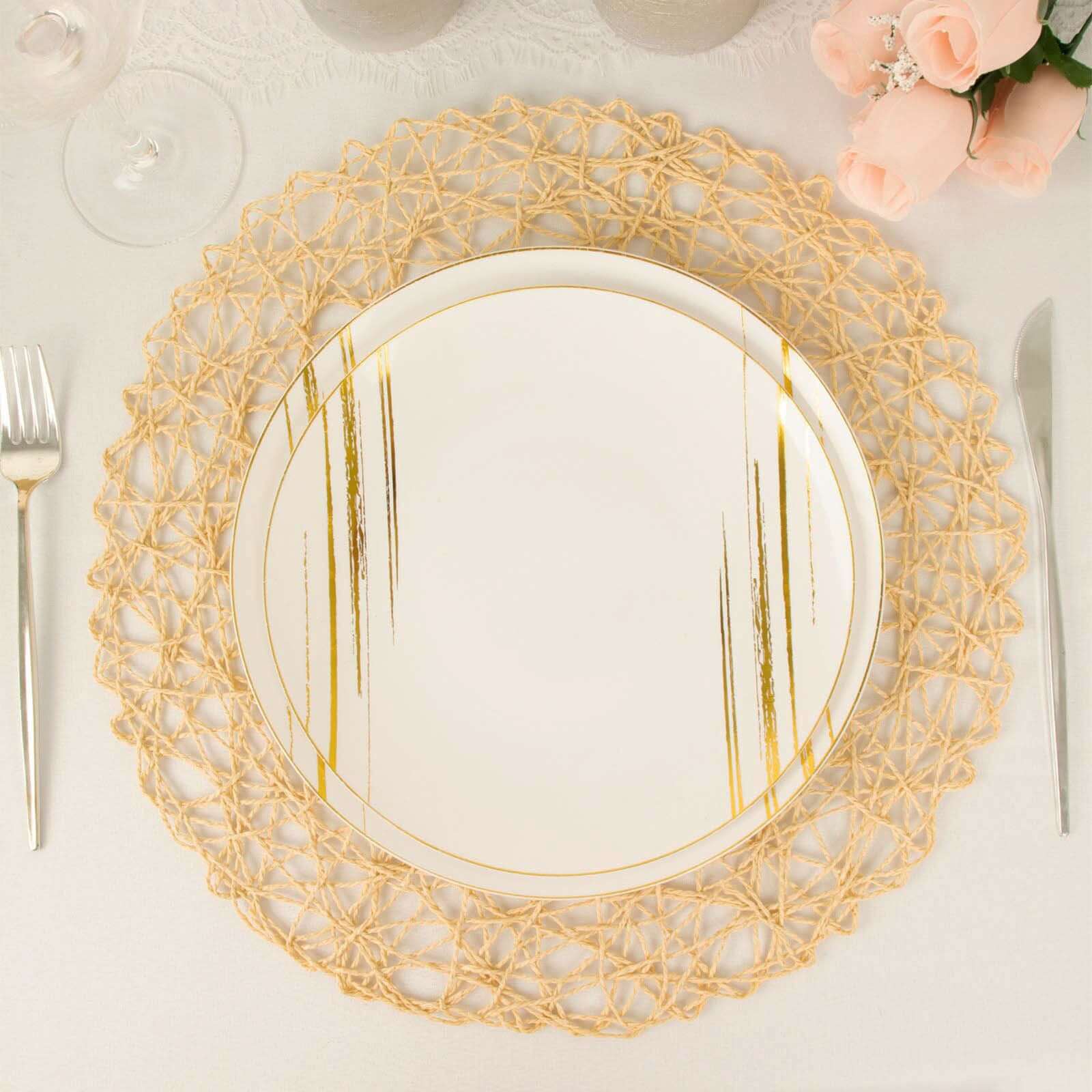 6-Pack Table Placemats Woven Fiber Design Beige Round - Disposable Mats for Dining and Events 15"