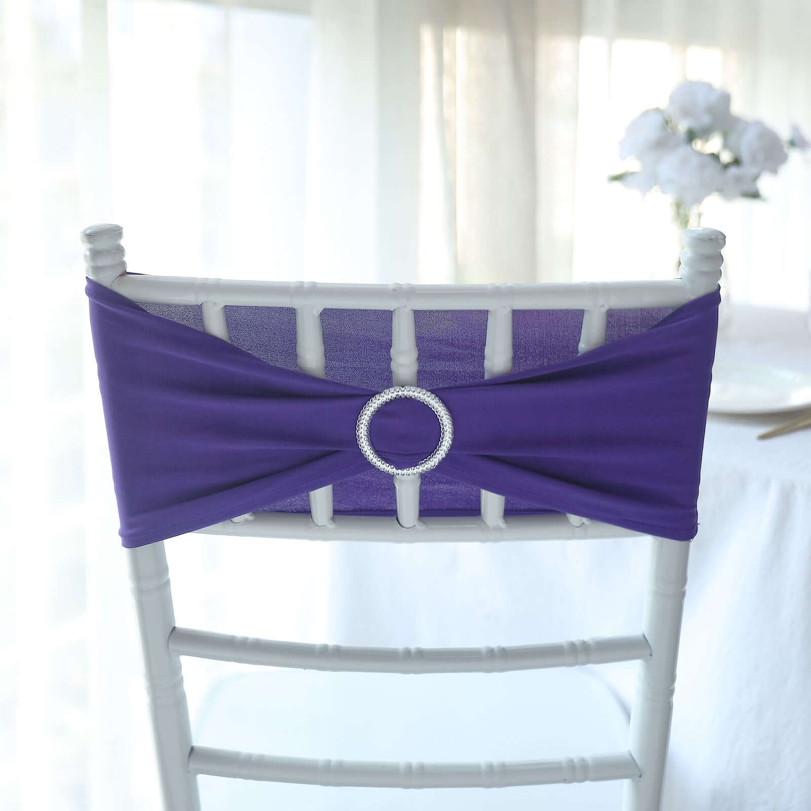 5 Pack Stretch Spandex Chair Sashes Purple - Reusable Chair Bands with Silver Diamond Ring Slide Buckle 5"x14"