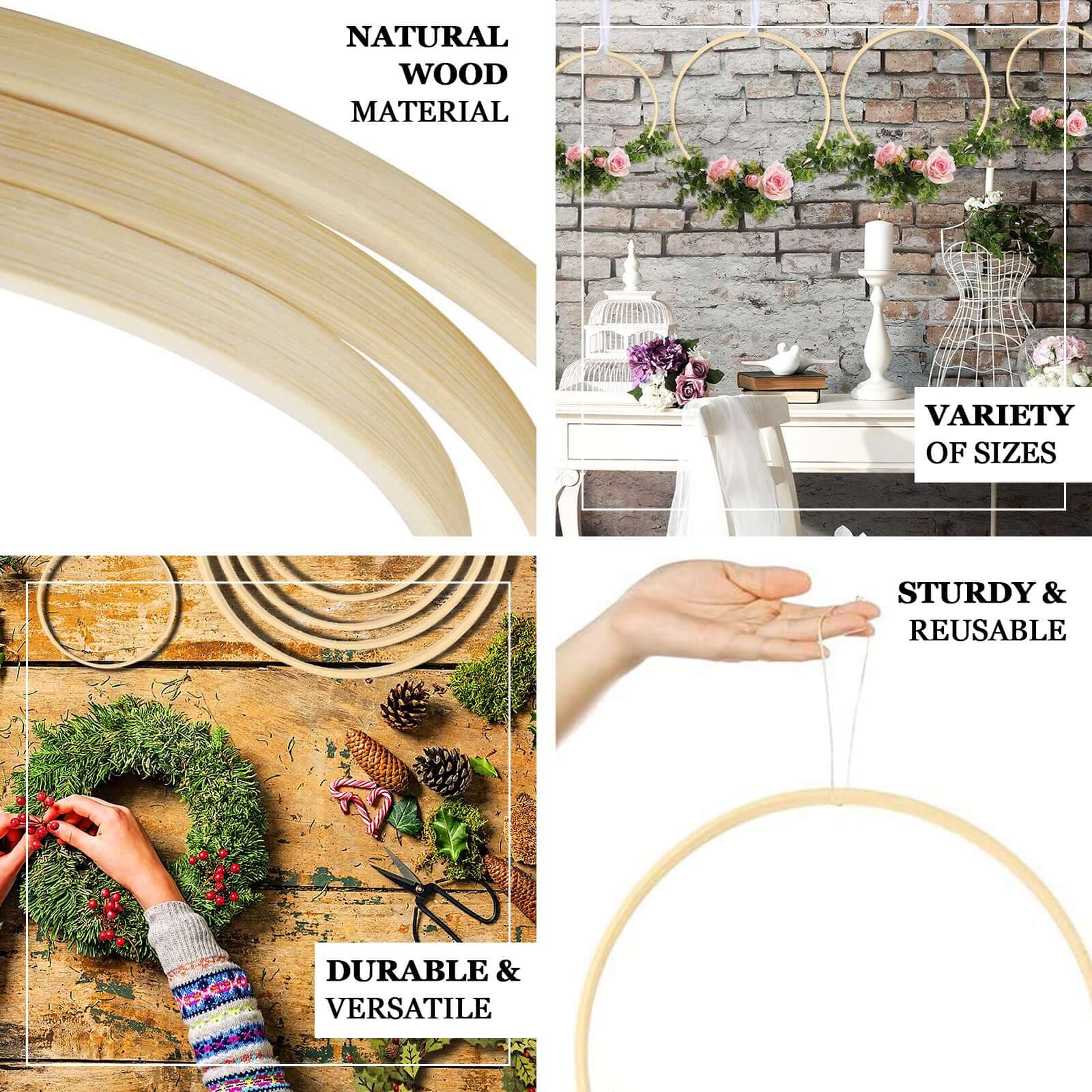 Set of 5 Natural Wooden Rings for Crafts, Floral Hoop Wreath