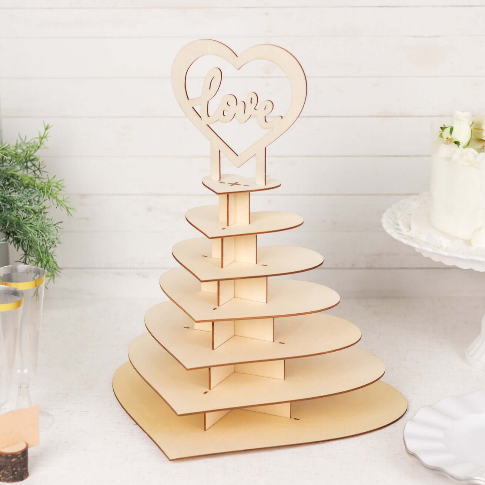 7-Tier Wooden Chocolate Display Stand Heart Shape Natural with "Love" Topper - DIY Dessert Table Tower Rack 16"