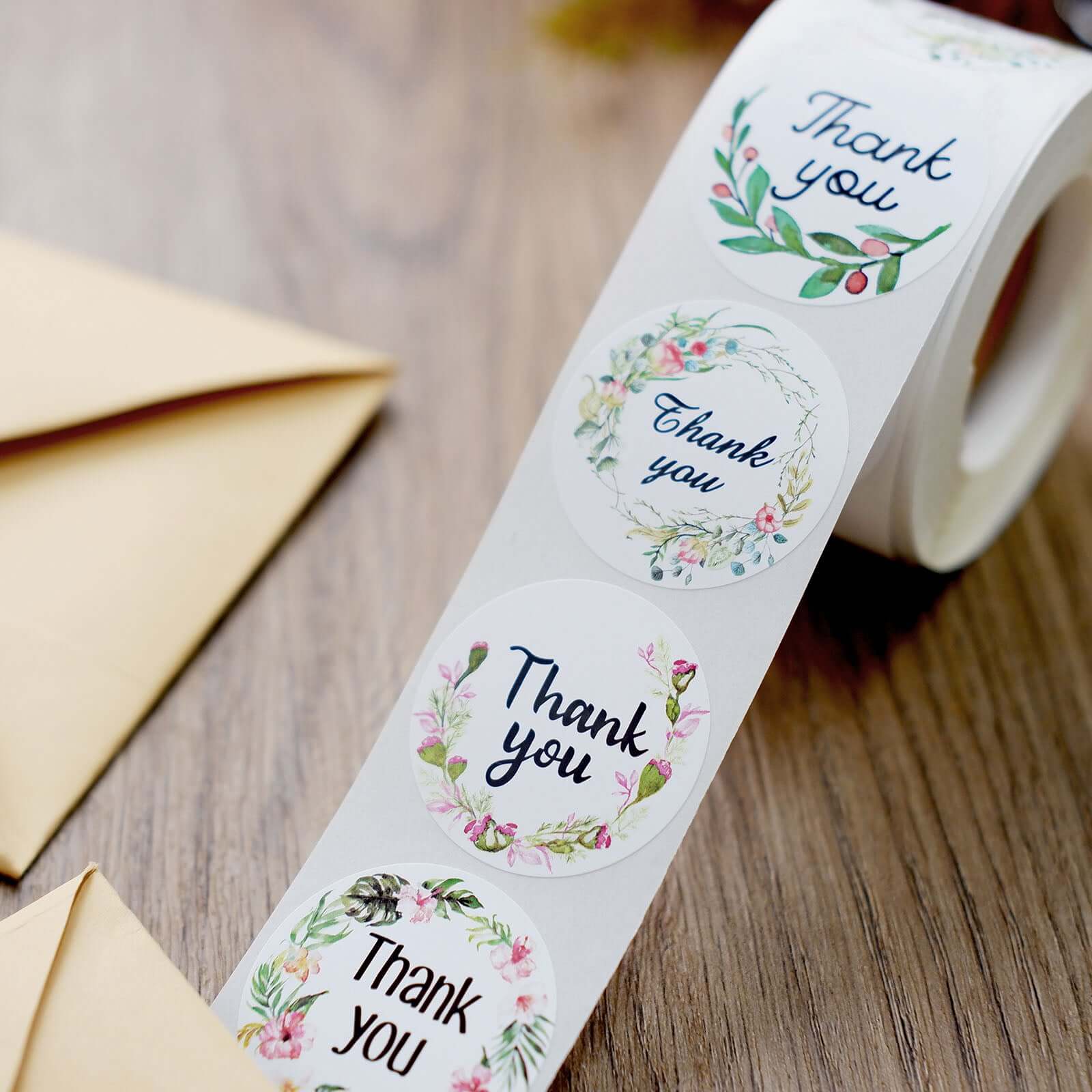 500Pcs 1.5" Thank You Black Print and Floral Design Stickers Roll, DIY Envelope Seal Labels - Round Assorted Designs