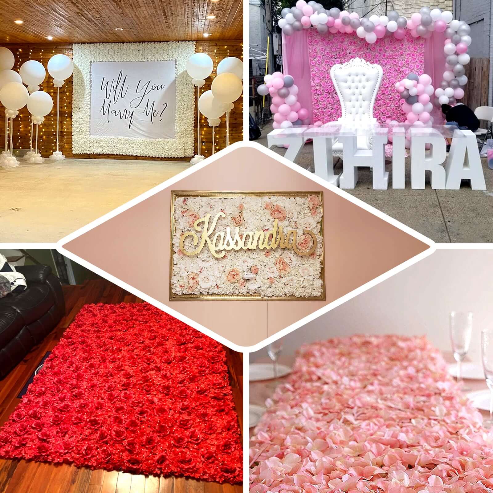 11 Sq ft. Blush and Cream 3D Silk Rose and Hydrangea Flower Wall Mat Backdrop - 4 Artificial Panels