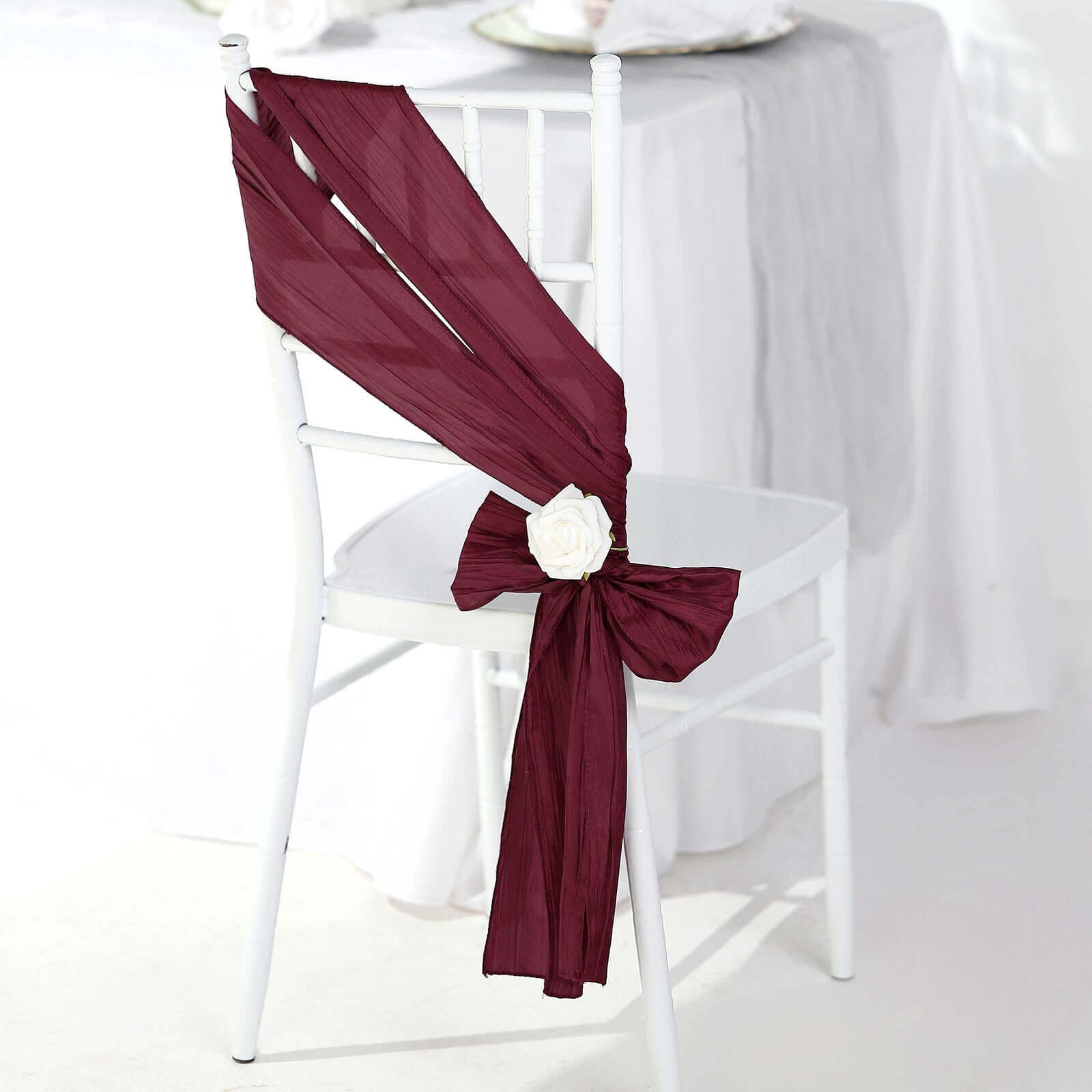 5 Pack Taffeta 6"x106" Chair Sashes Burgundy Accordion Crinkle Texture - Stylish Decor for Weddings & Gatherings