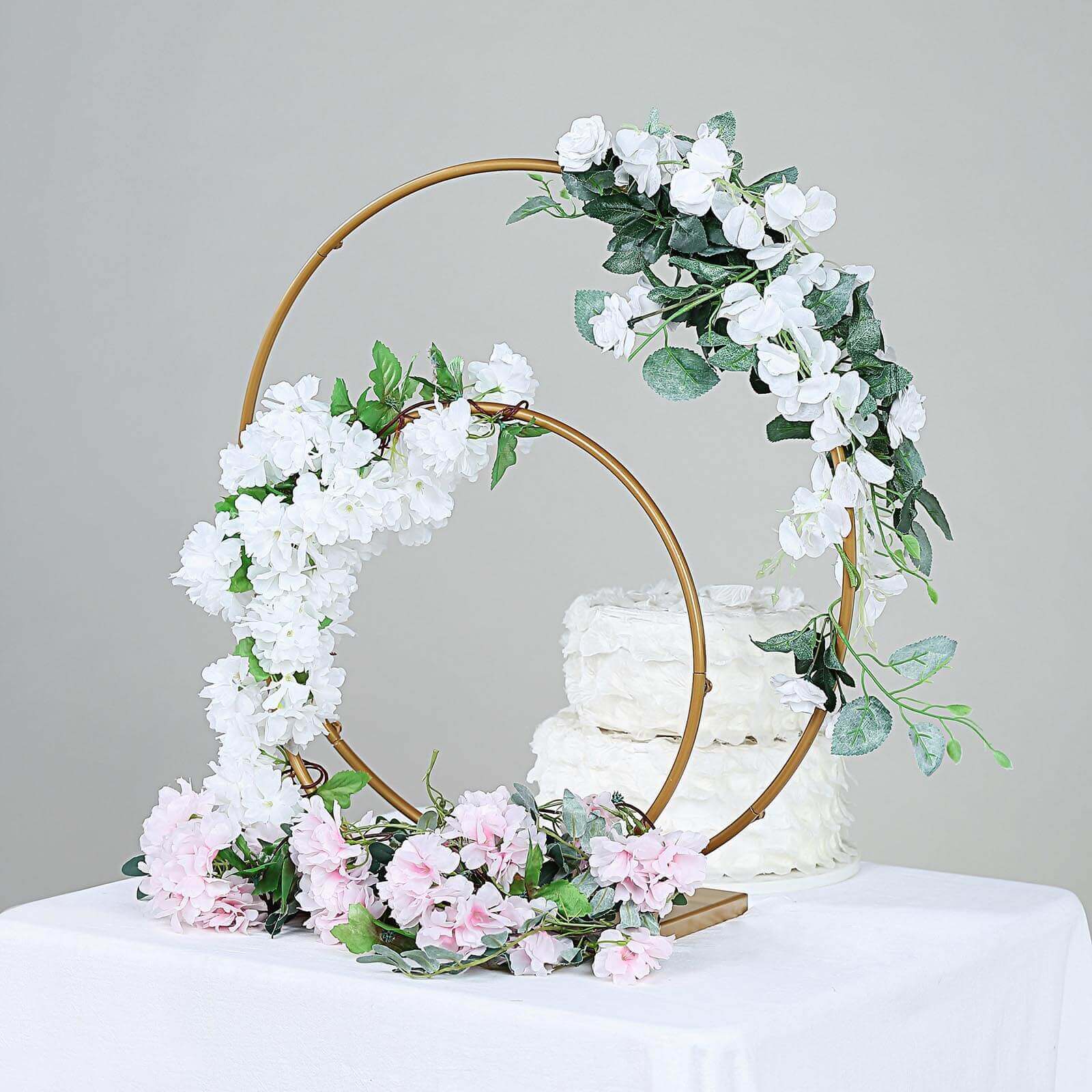 Double Hoop Flower Stand Metal Gold - Wedding Table Centerpiece for Receptions 24" & 16"