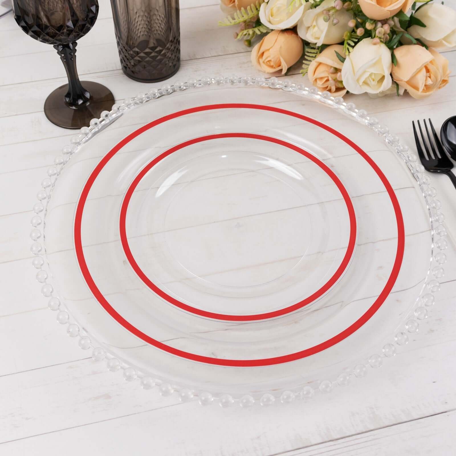 10-Pack Plastic 7" Round Appetizer Plates in Clear with Red Rim - Sleek Disposable Salad Plates for Banquets & Special Occasions