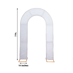 8ft Silver Spandex Fitted U-Shaped Wedding Arch Cover With Shimmer Tinsel Finish, Double-Sided Open Arch Backdrop Slipcover