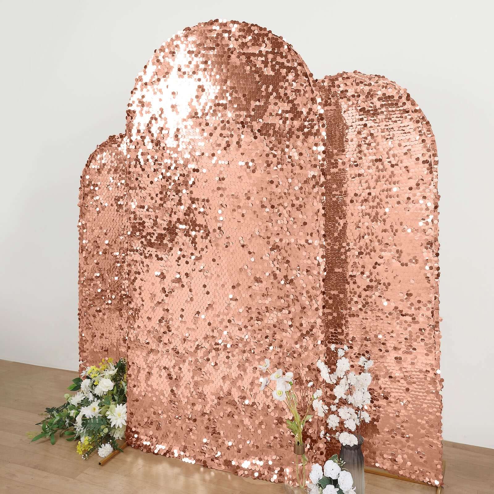 7ft Sparkly Rose Gold Double Sided Big Payette Sequin Chiara Backdrop Stand Cover For Fitted Round Top Wedding Arch