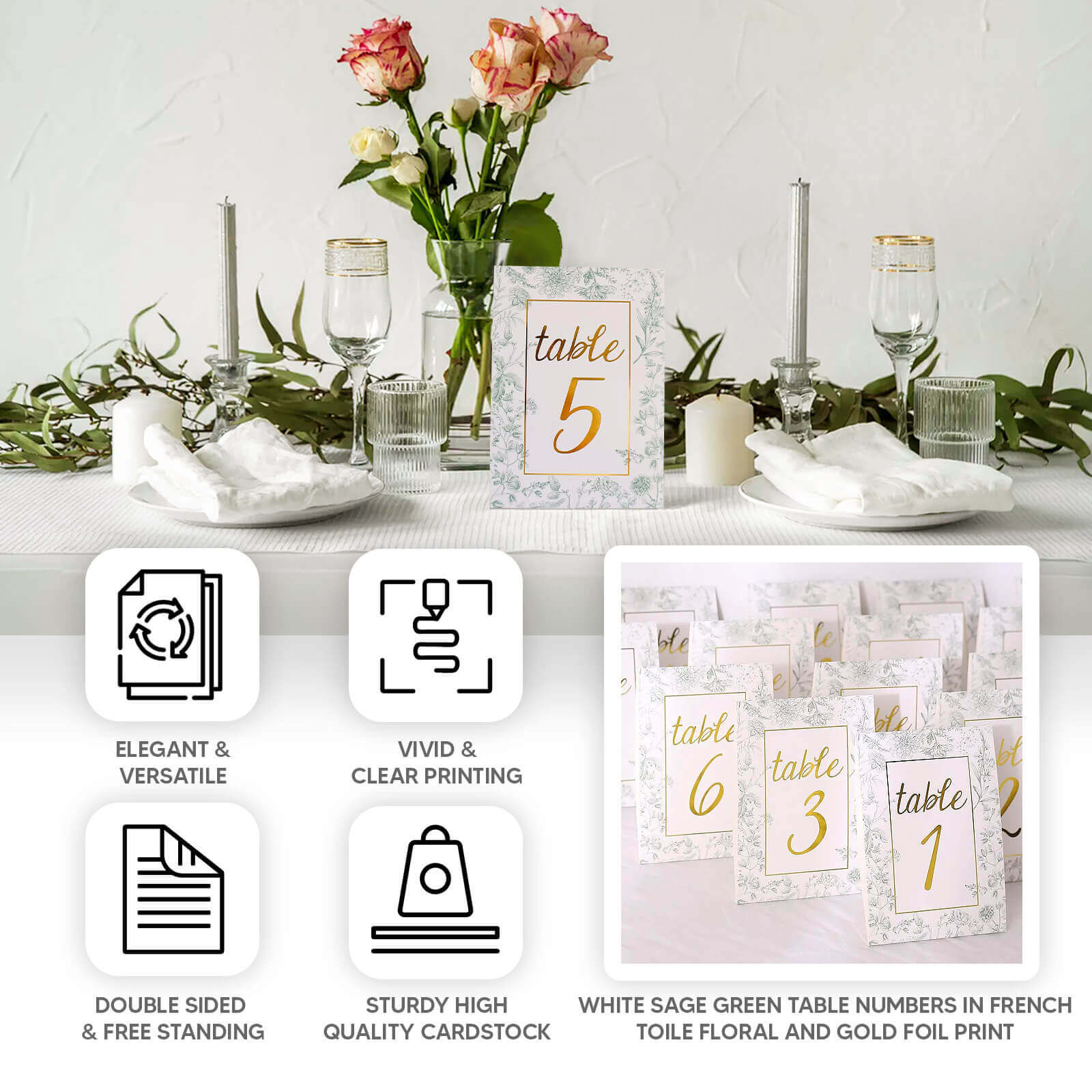 25-Pack Paper Wedding Table Numbers 1-25 White/Sage Green French Toile Design - Free Standing Double Sided Table Signs with Glam Gold Foil Numbers 7"