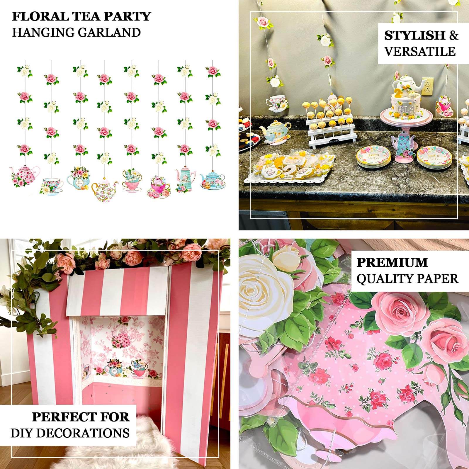 8 Pack Double Sided Floral Tea Party Paper Garland, 40" Pre-Assembled Mixed Teapot Banner Hanging Decorations