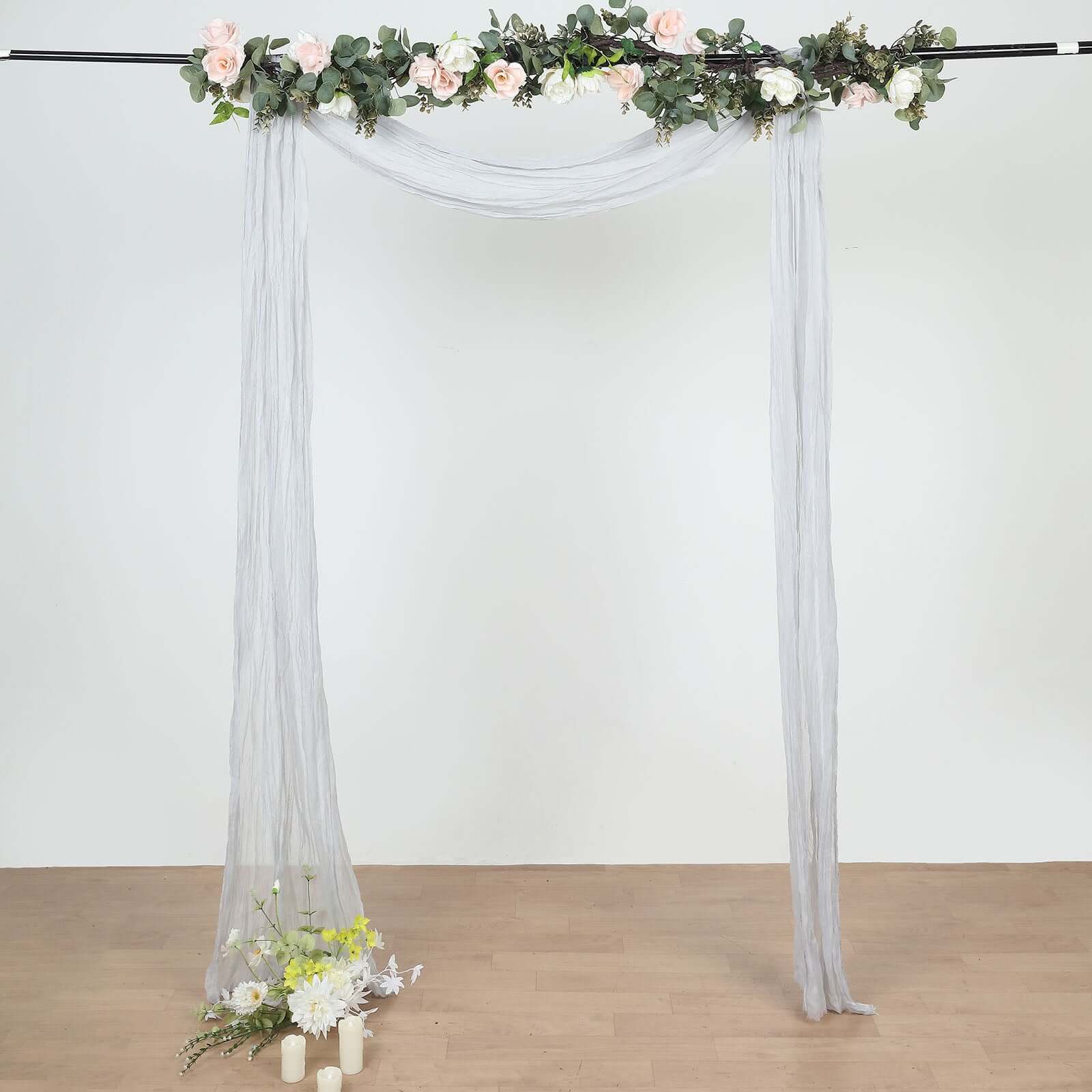 20ft Silver Gauze Cheesecloth Fabric Wedding Arch Drapery, Window Scarf Valance, Boho Decor Arbor Curtain Panel