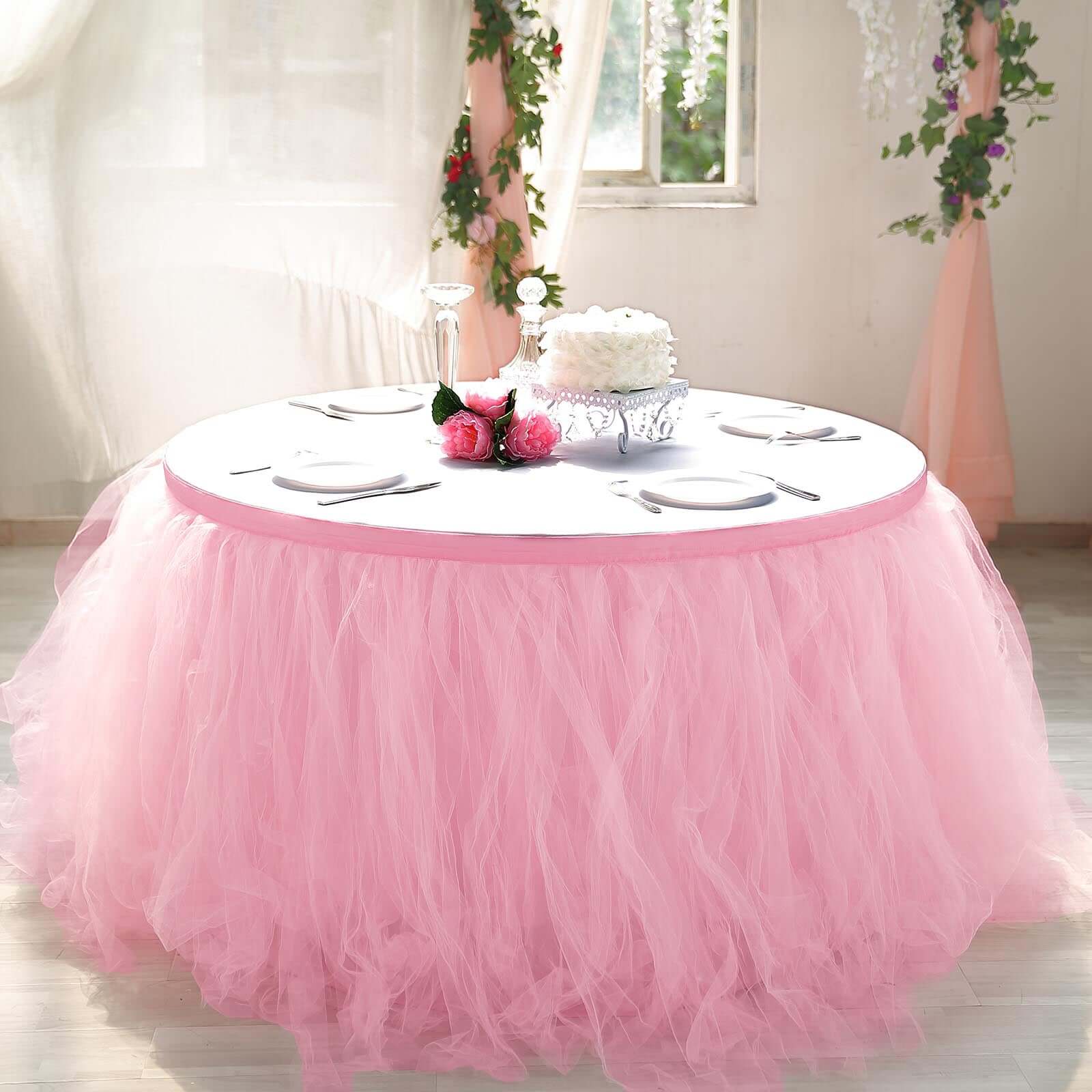 Tulle 21ft Table Skirt Pink/Rose Quartz - 4 Layer Pleated Tutu Table Cover