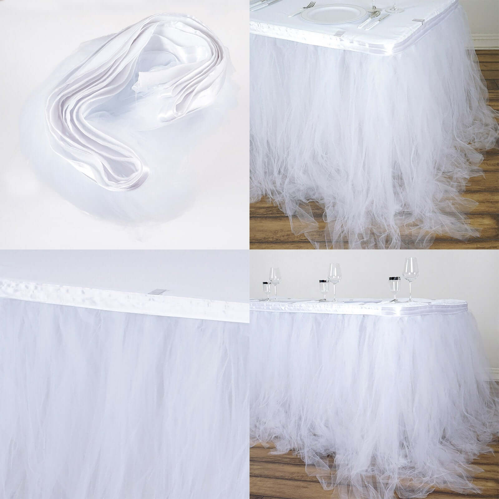 Tulle 14ft Table Skirt White - 4 Layer Pleated Tutu Chic & Soft Event Table Cover