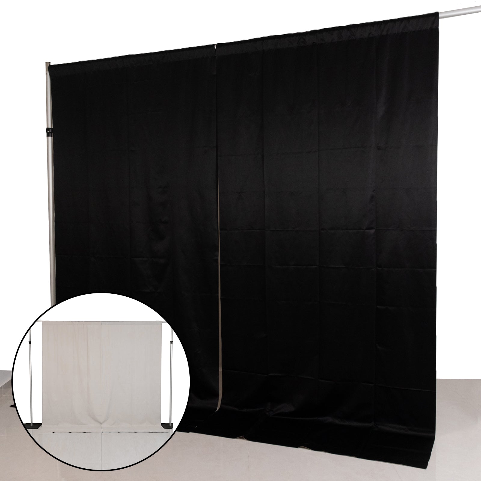Lamour Satin Blackout Curtains 10ft x 10ft Panels Black/Ivory | Water-Resistant PU-Coated Double Sided Backdrop for Weddings & Events