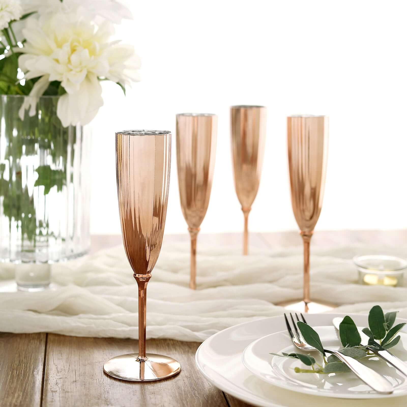 6-Pack Plastic Champagne Flutes in Metallic Rose Gold - Classy Disposable Champagne Glasses for Toasting & Cocktail Parties 5oz