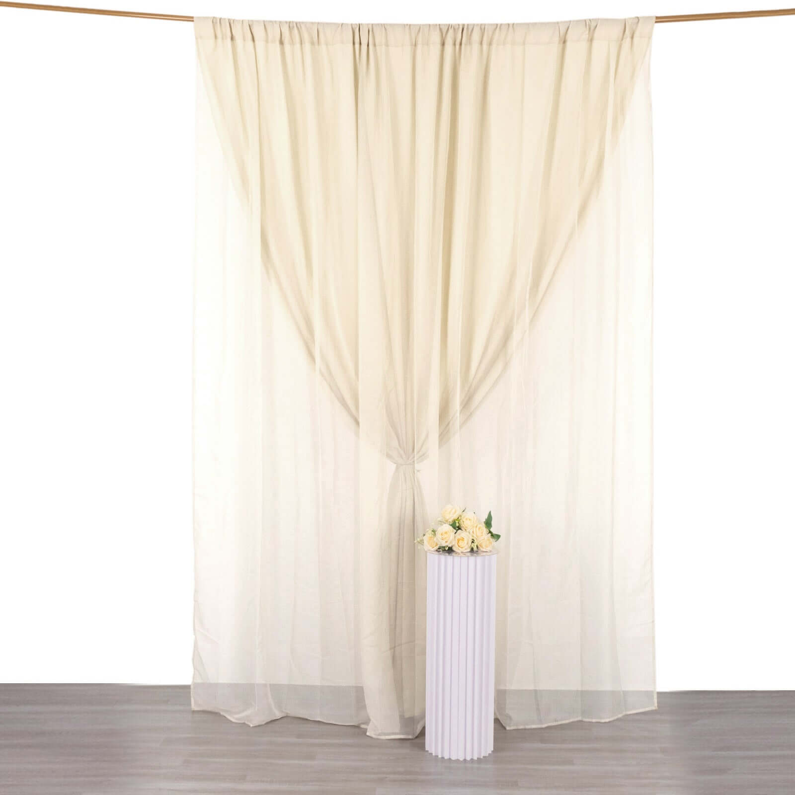 Beige Chiffon Polyester Event Curtain Drapes, Dual Layer Divider Backdrop Curtain Panels with Rod Pockets - 10ftx10ft