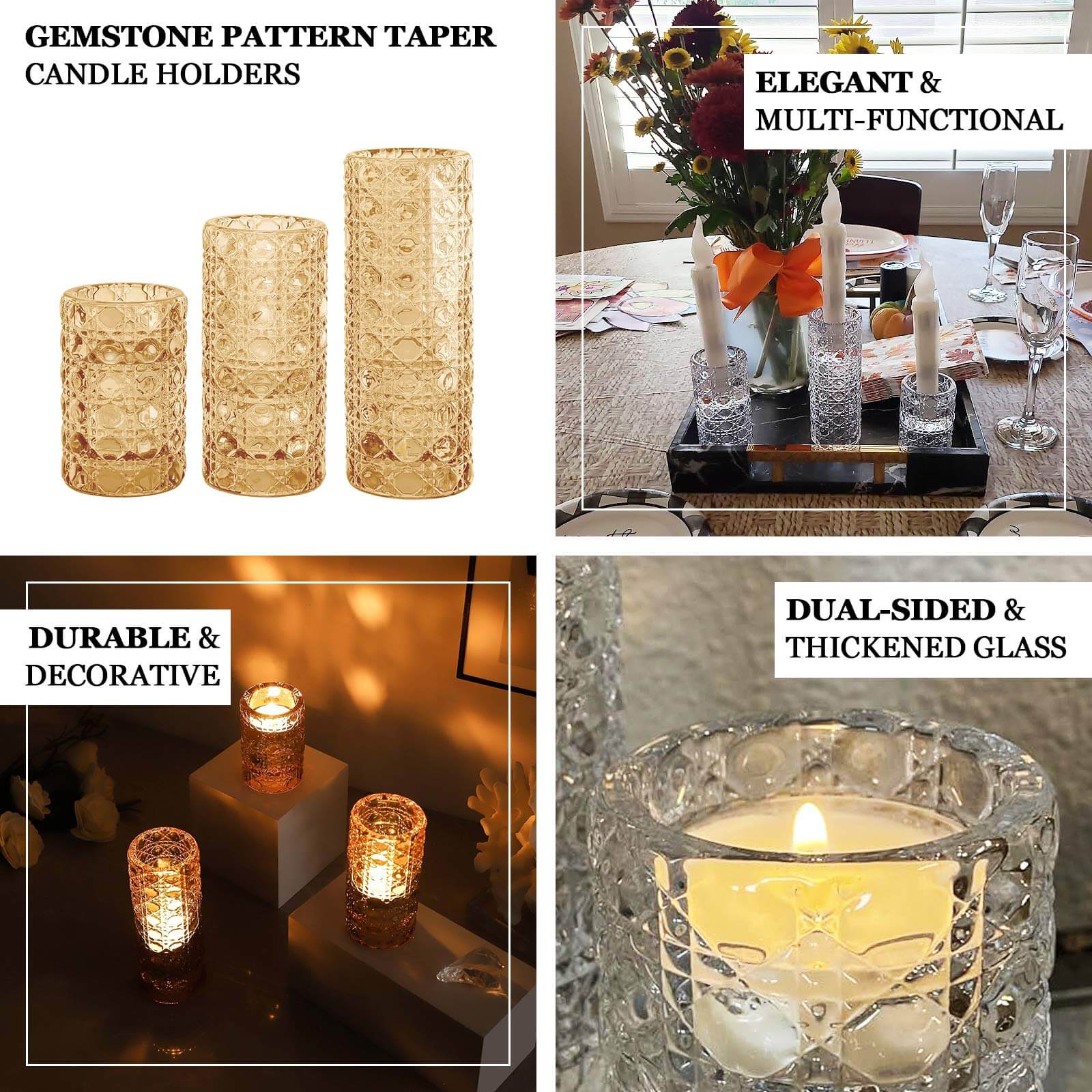 Set of 3 Glass Taper Candle Holders Clear with Gemstone Pattern - Dual Sided Crystal Cylinder Tealight Stands 3", 4", 5.5"
