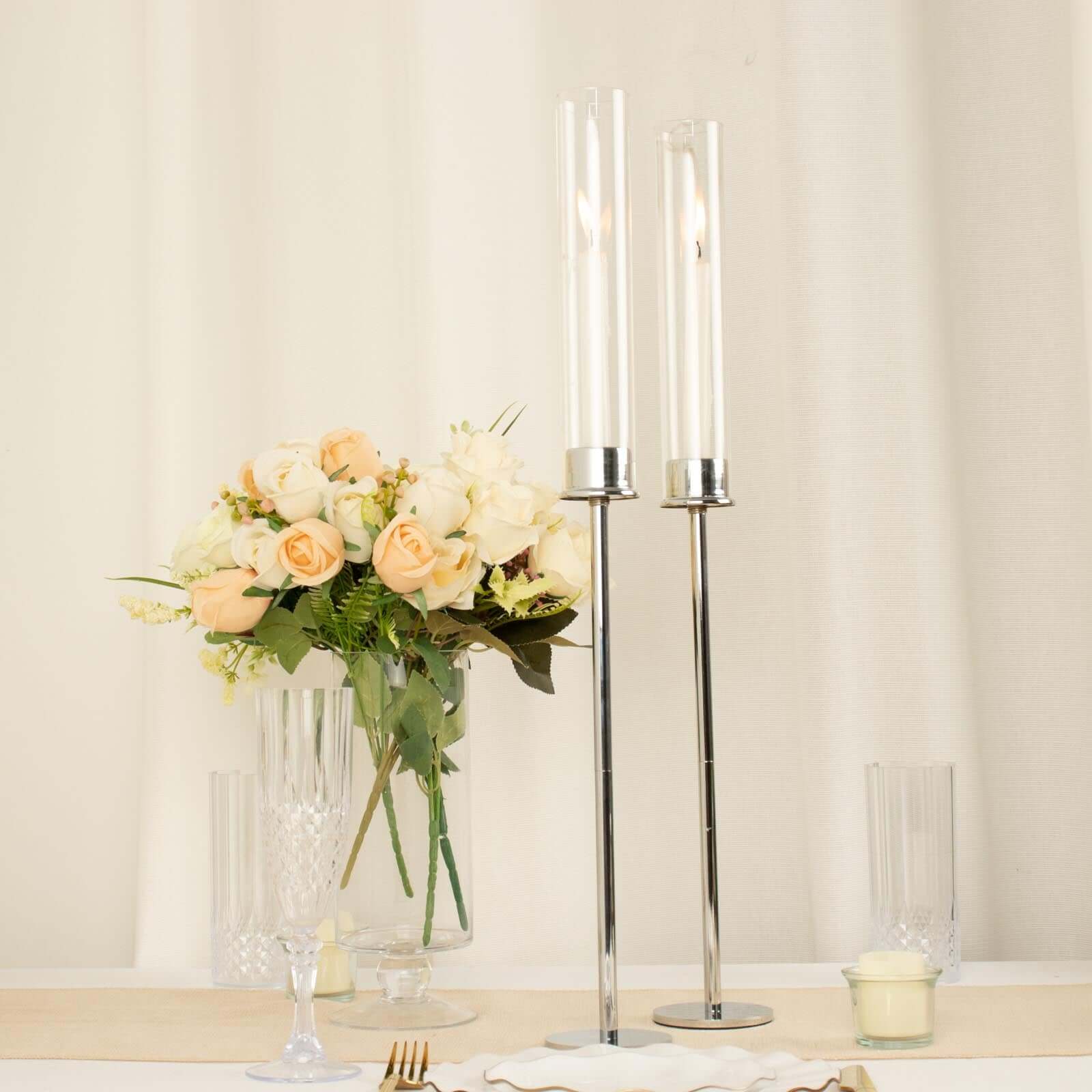 2-Pack Silver Metal Taper Candlestick Holders, Clear Glass Hurricane Candle Stands With Chimney Candle Shades 24"