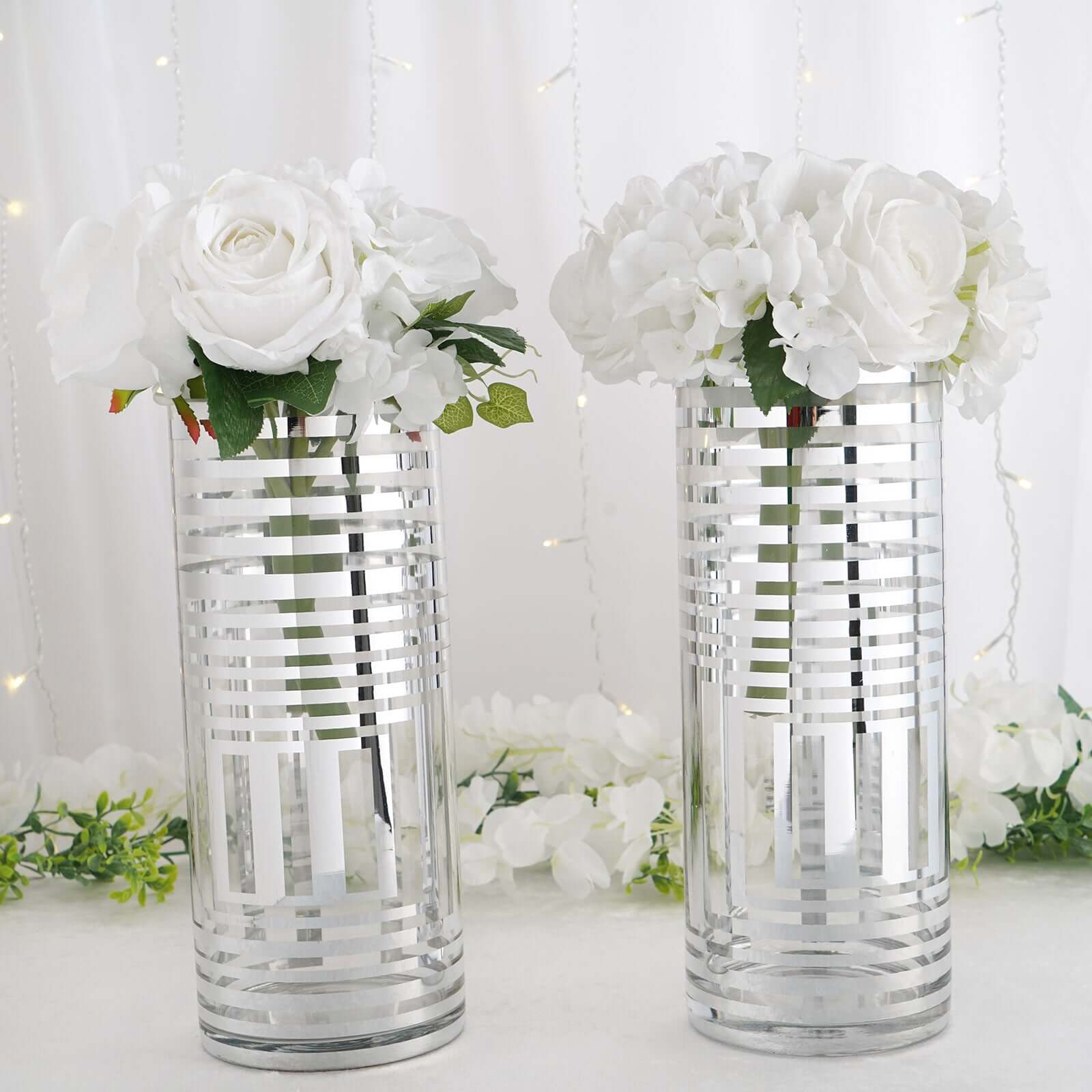 2-Pack Glass Cylinder Vases Silver Striped - Sophisticated Flower Centerpieces for Events 11"