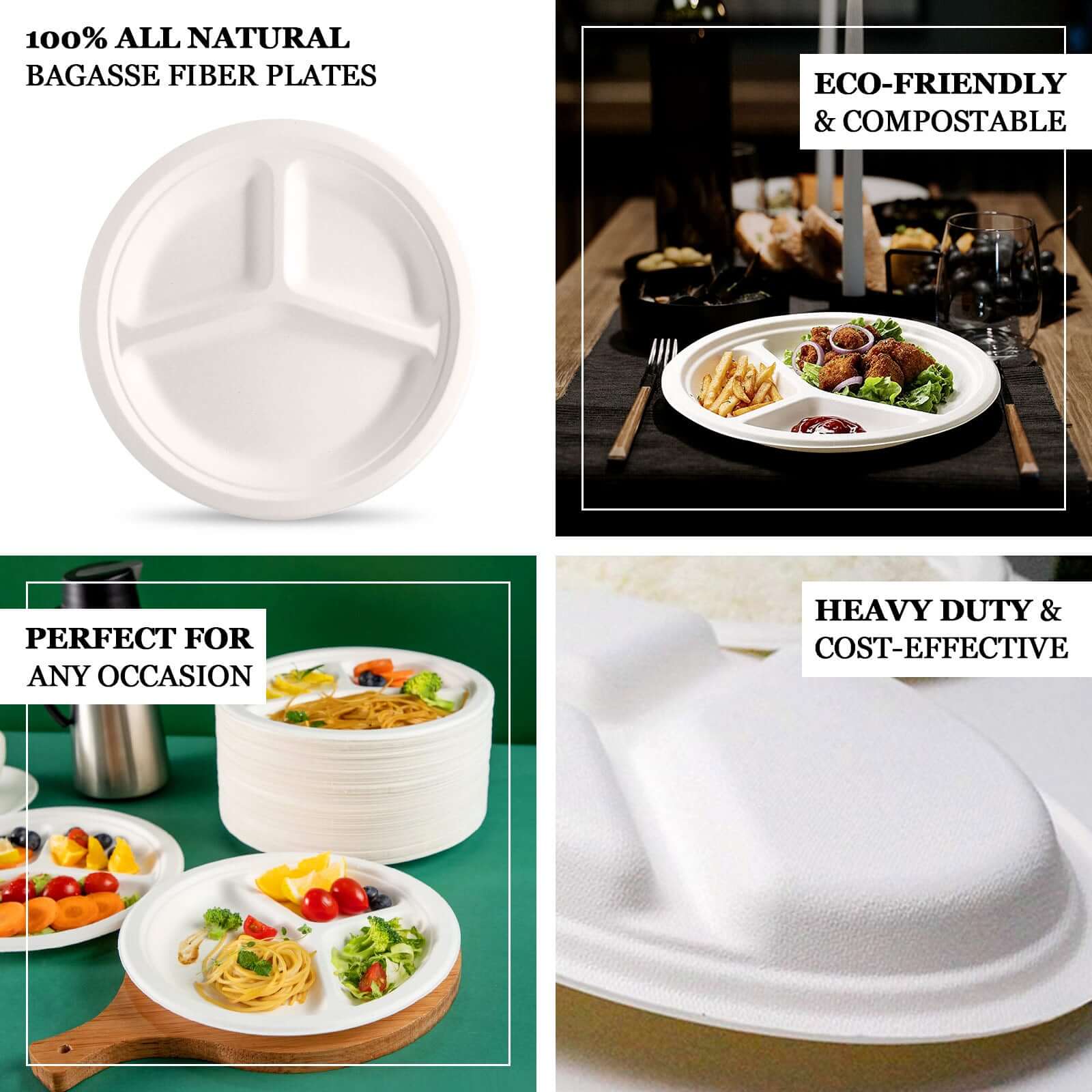 50-Pack Bagasse 10" Round Dinner Plates in White with 3-Compartments - Eco Friendly Biodegradable Sugarcane Divided Plates for Food Trucks Catering & Events