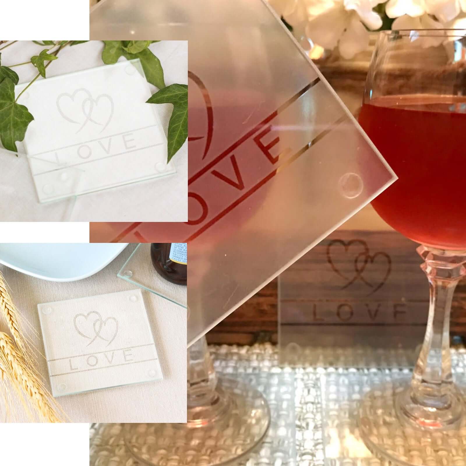 4 Pack 3" Gift Wrapped Love Engraved Square Party Favors Glass Coasters With Thank You Tag