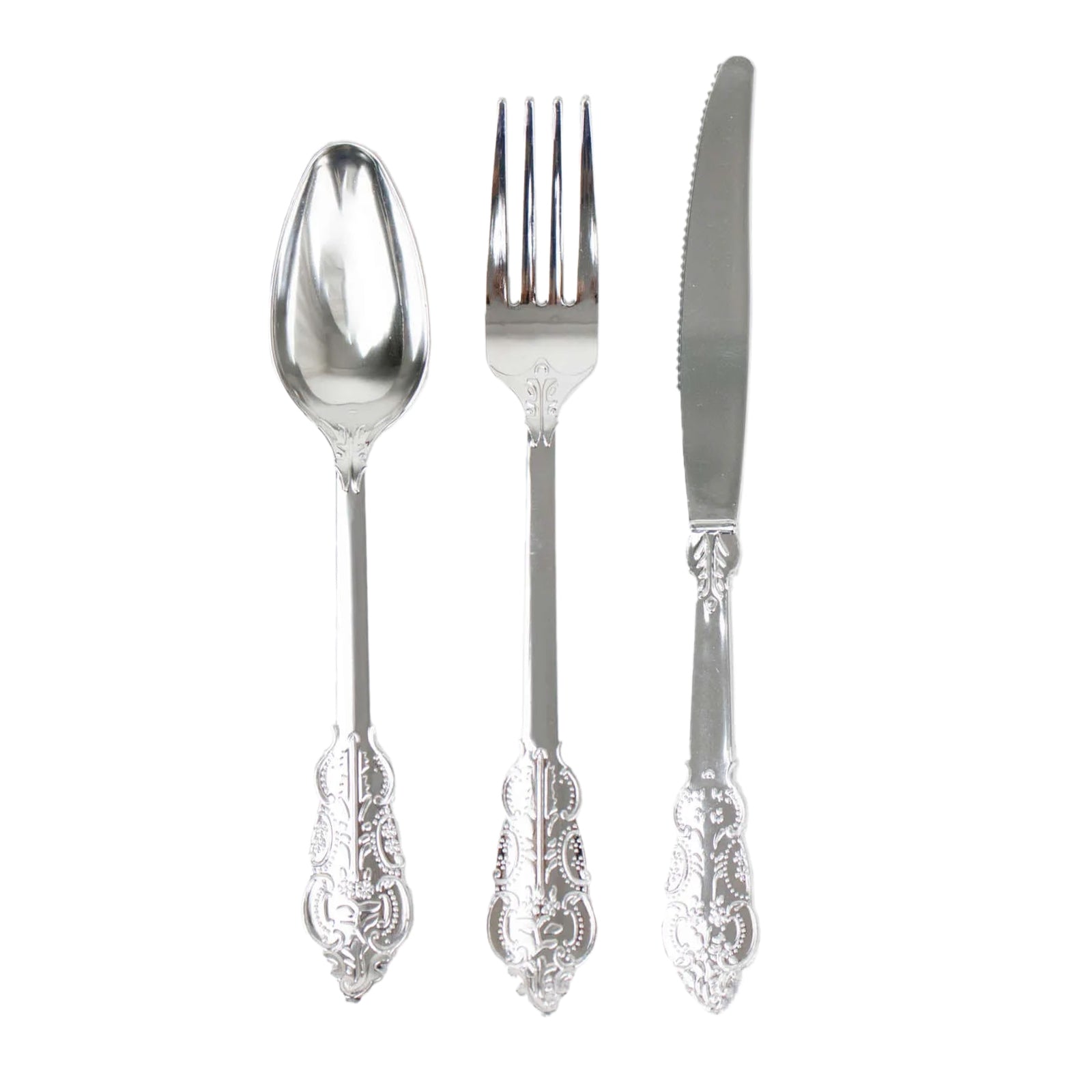 24 Pcs Plastic Silverware Set in Baroque Style Metallic Silver - Heavy Duty Disposable Knife, Fork, and Spoon Set