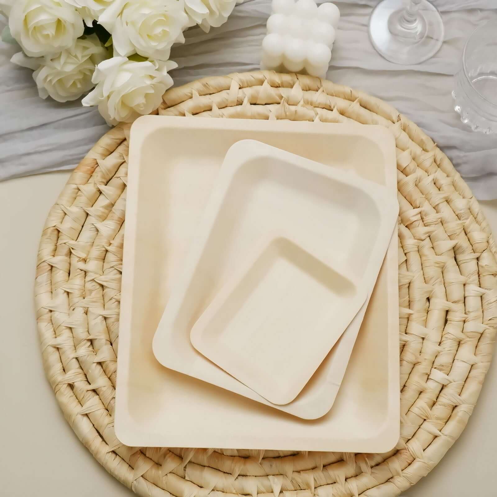 25-Pack Birchwood 5"x8" Rectangle Dessert Serving Plates - Natural Eco Friendly Wooden Disposable Plates for Farmhouse-Style Events, Parties & Gatherings