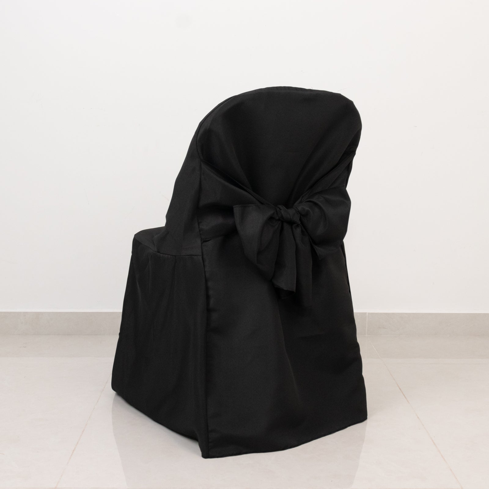 10-Pack Polyester Slip-On Folding Chair Covers with Attached Sashes – Black Durable Reusable Covers for Wedding & Event Decor