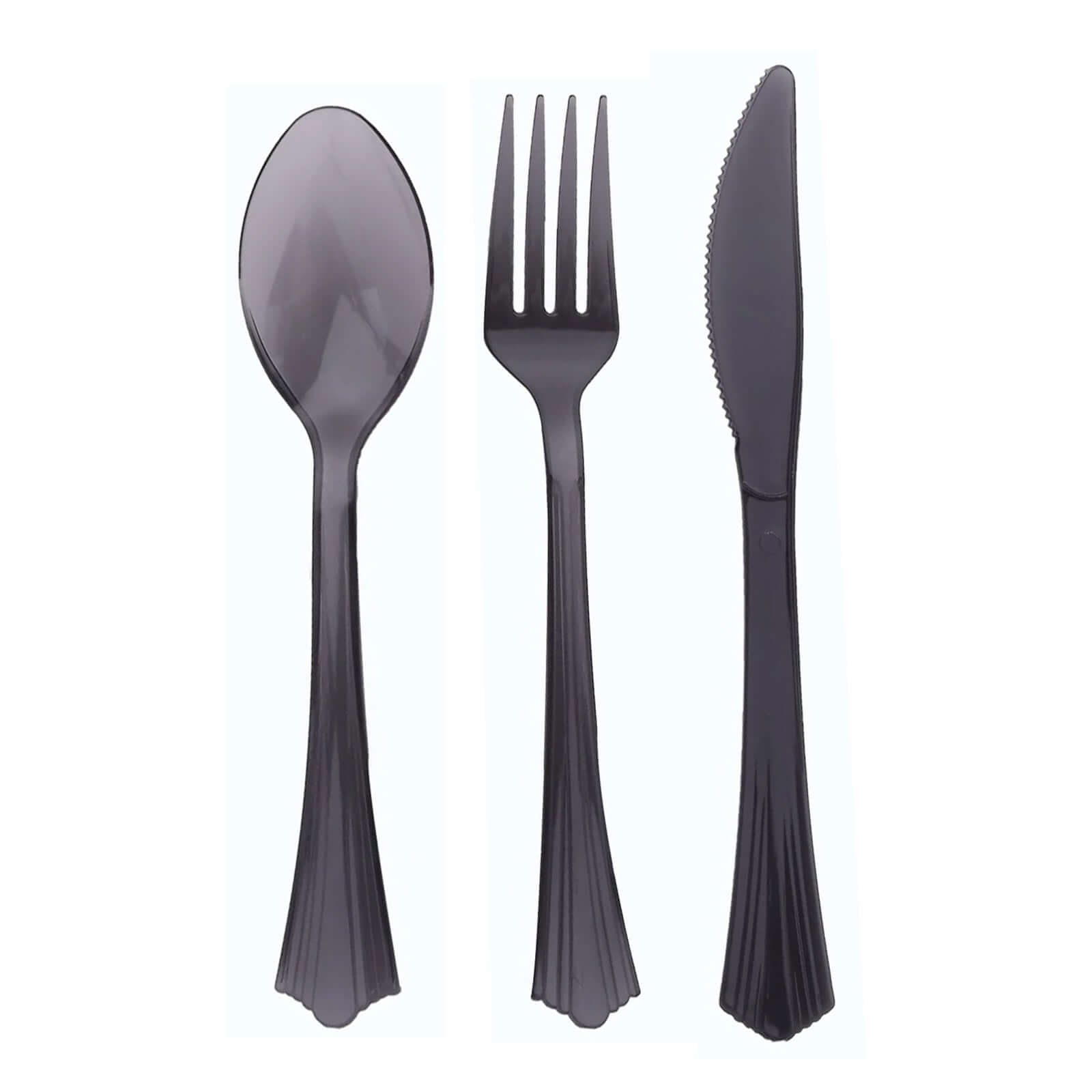 24-Pack Plastic Silverware Set with Fan Flared Tip Handle Transparent Black - Heavy Duty Disposable Utensils 7"