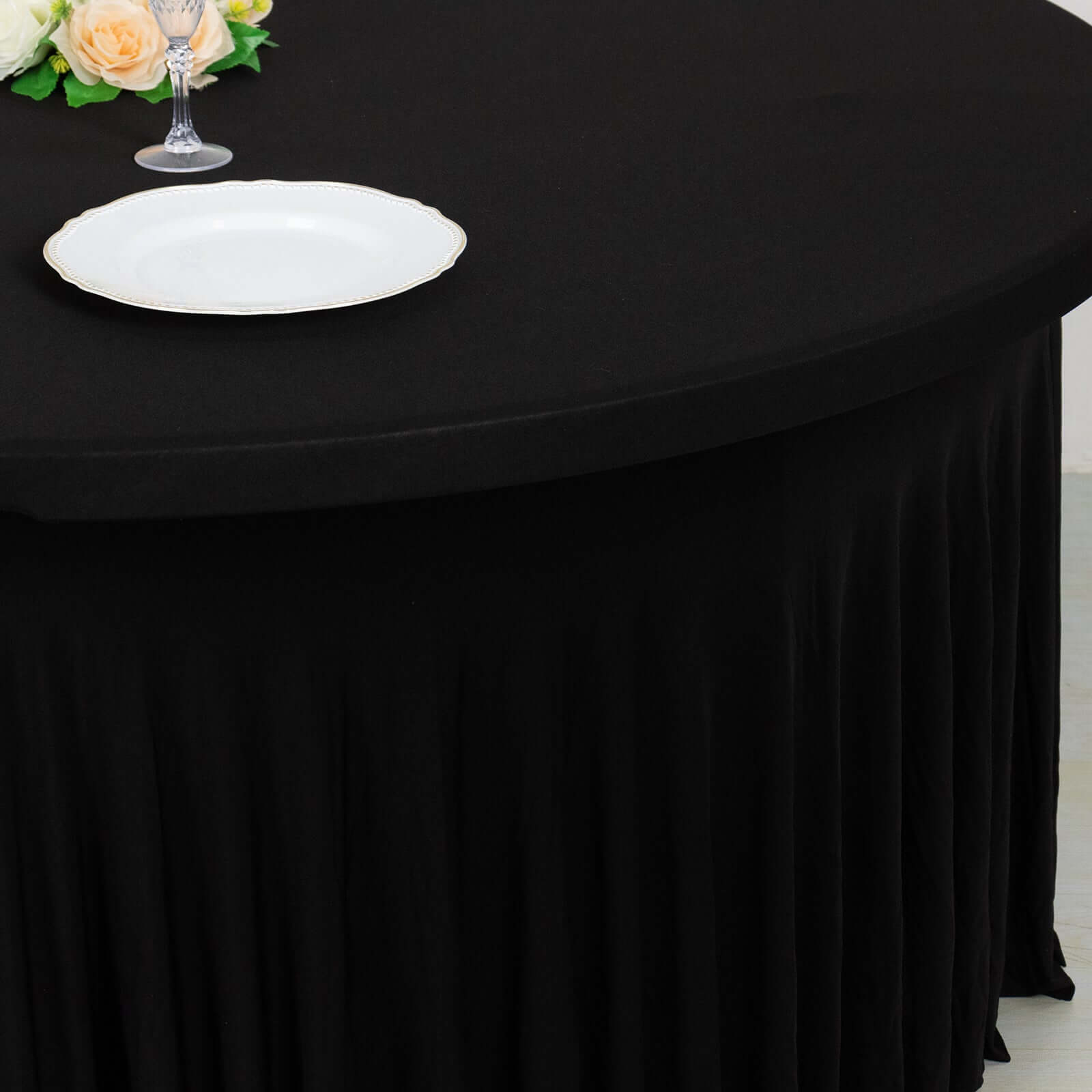 Spandex Round 5ft Table Skirt Black with Wavy Skirt-Like Effect Stylish Table Cover