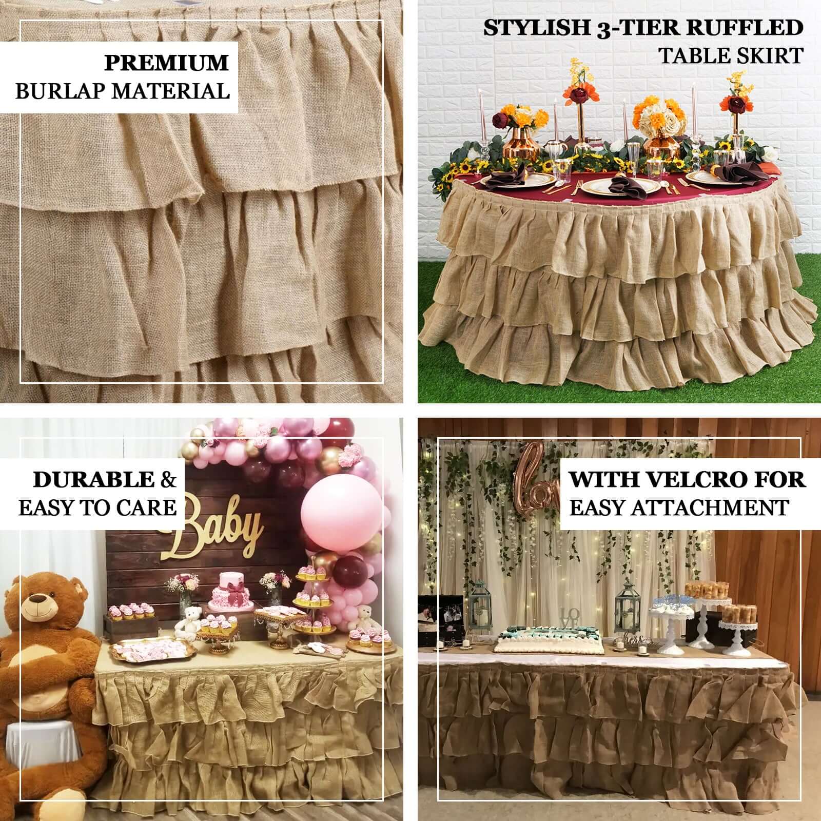 Burlap 17ft Table Skirt Natural 3 Tier Ruffled Design for Rustic Weddings & Country Events
