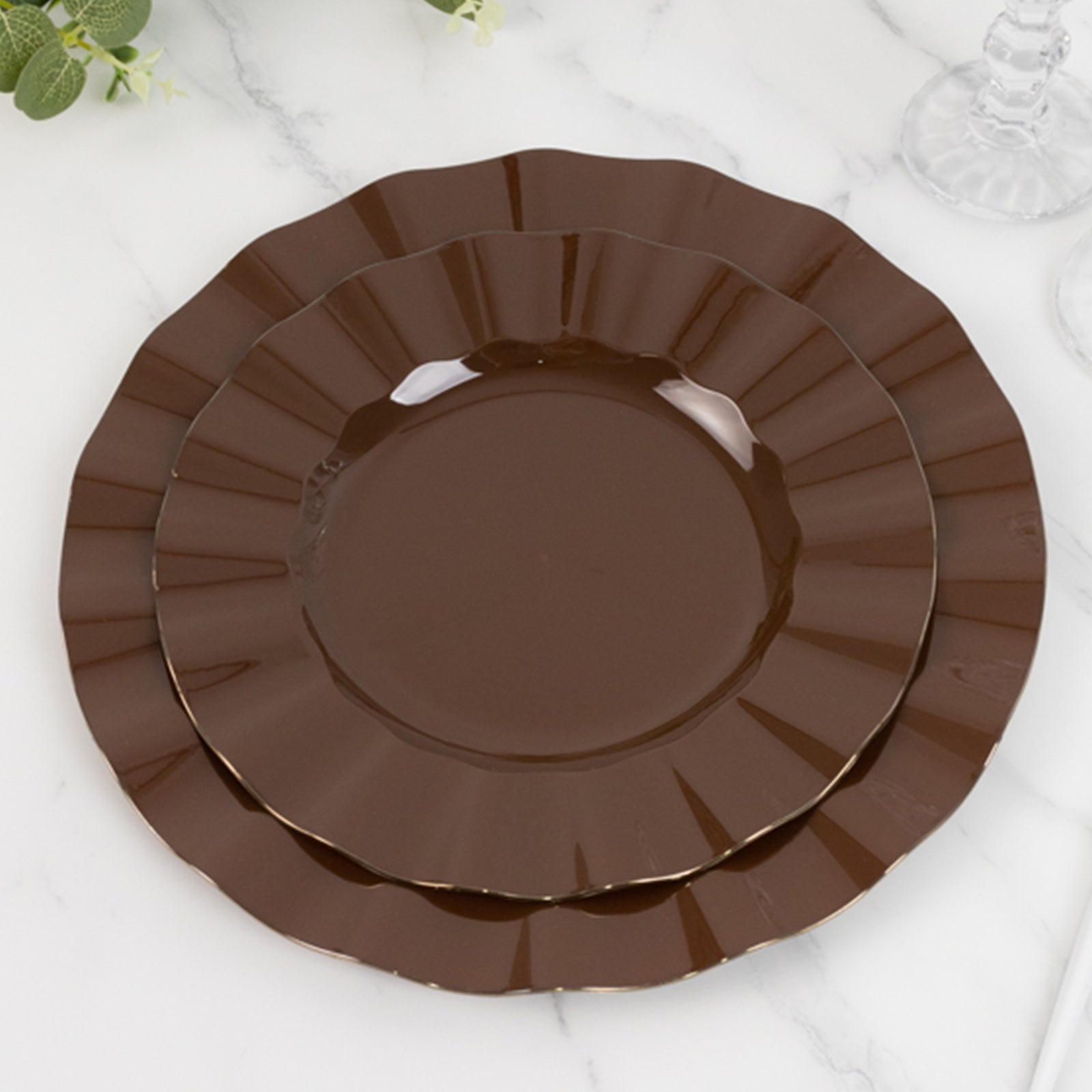 10-Pack Plastic 9" Round Dinner Plates in Cinnamon Brown Ruffled Rim with Gold Edging - Sturdy Disposable Dinnerware