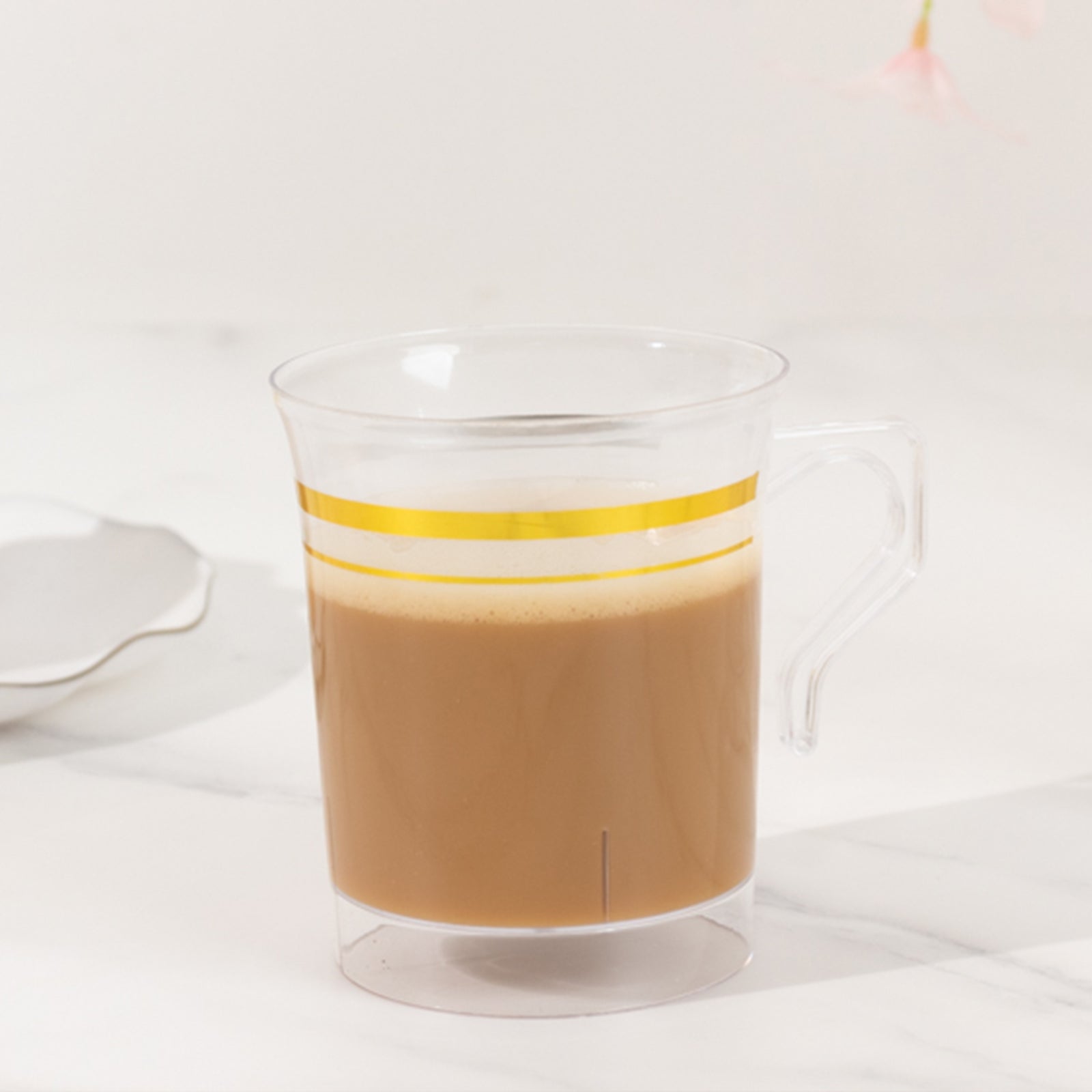 8-Pack Plastic Coffee Mugs Clear with Gold Stripes - Sturdy Disposable Cups for Coffee and Tea 8oz 3.5"