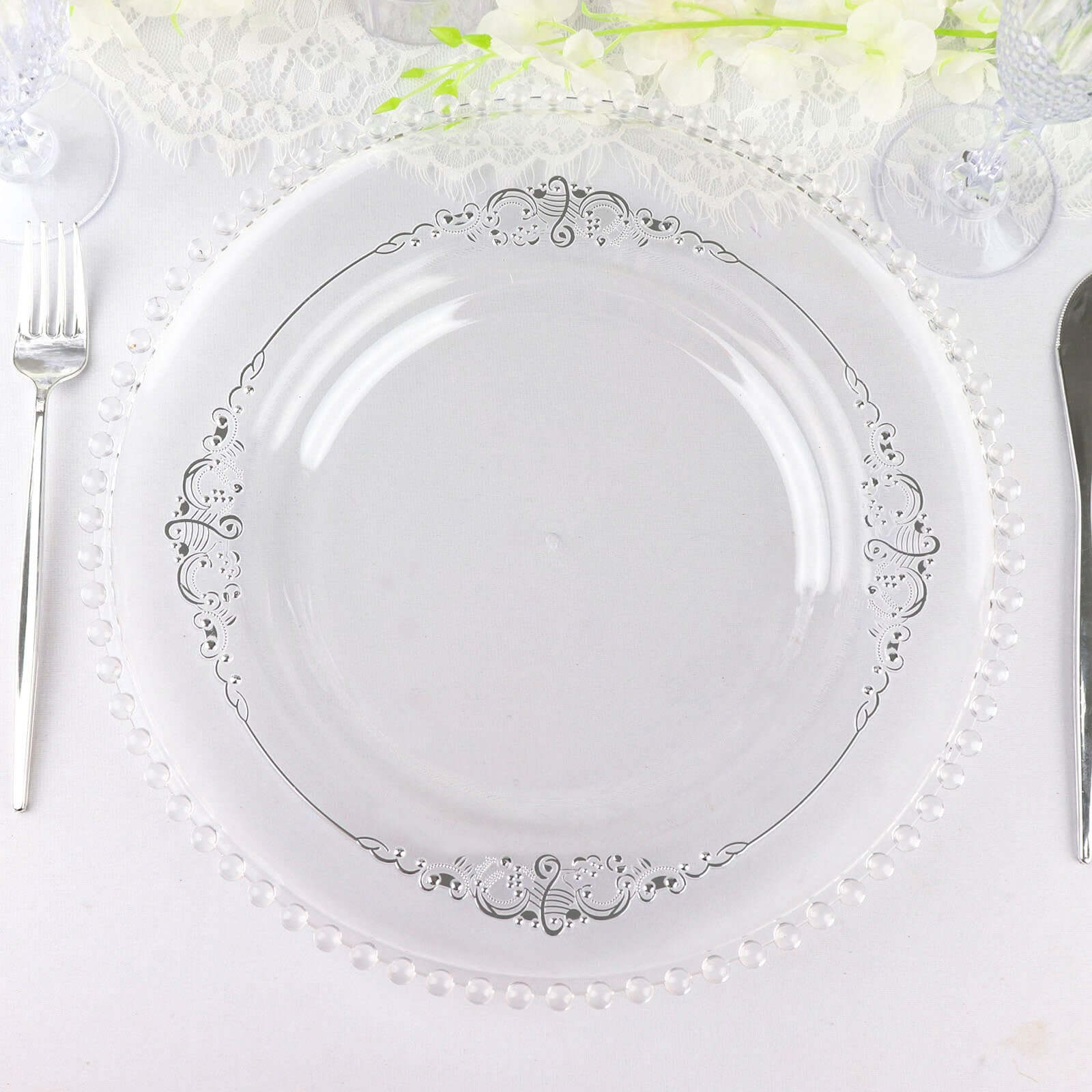 10-Pack Plastic 10" Round Dinner Plates in Clear with Silver Leaf Embossed Rim - Disposable Vintage Baroque Style Plates