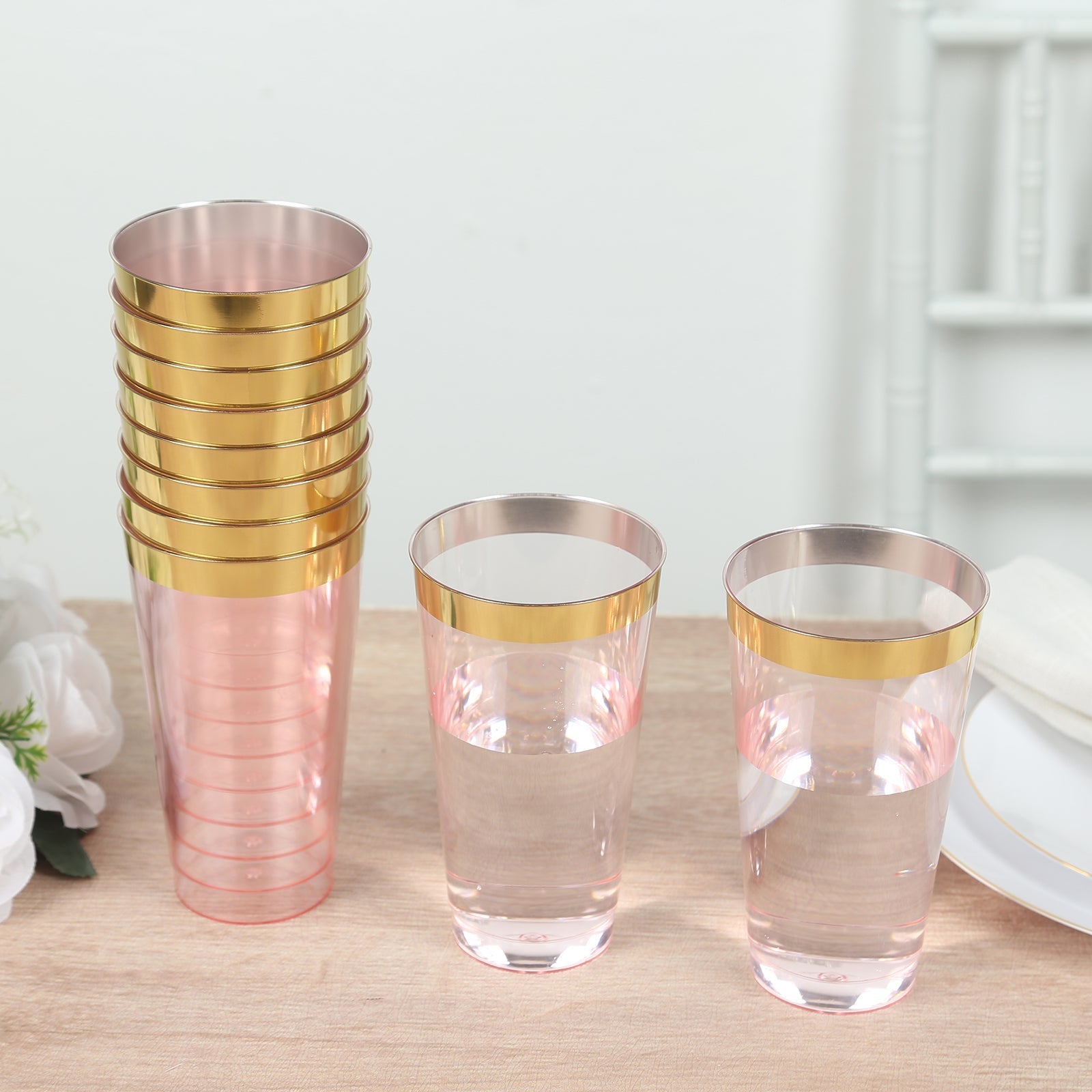 12-Pack Plastic Party Cups Transparent Blush with Gold Rim - Durable Disposable Tumblers for Drinks 17oz 5.5"