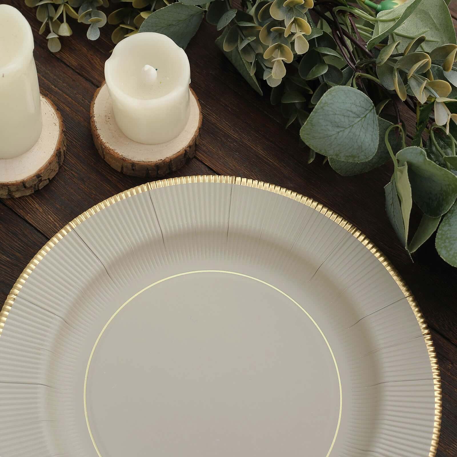 25-Pack Paper 10" Round Dinner Plates in Taupe Sunray Design with Gold Rim - Disposable Heavy Duty 350GSM Party Plates
