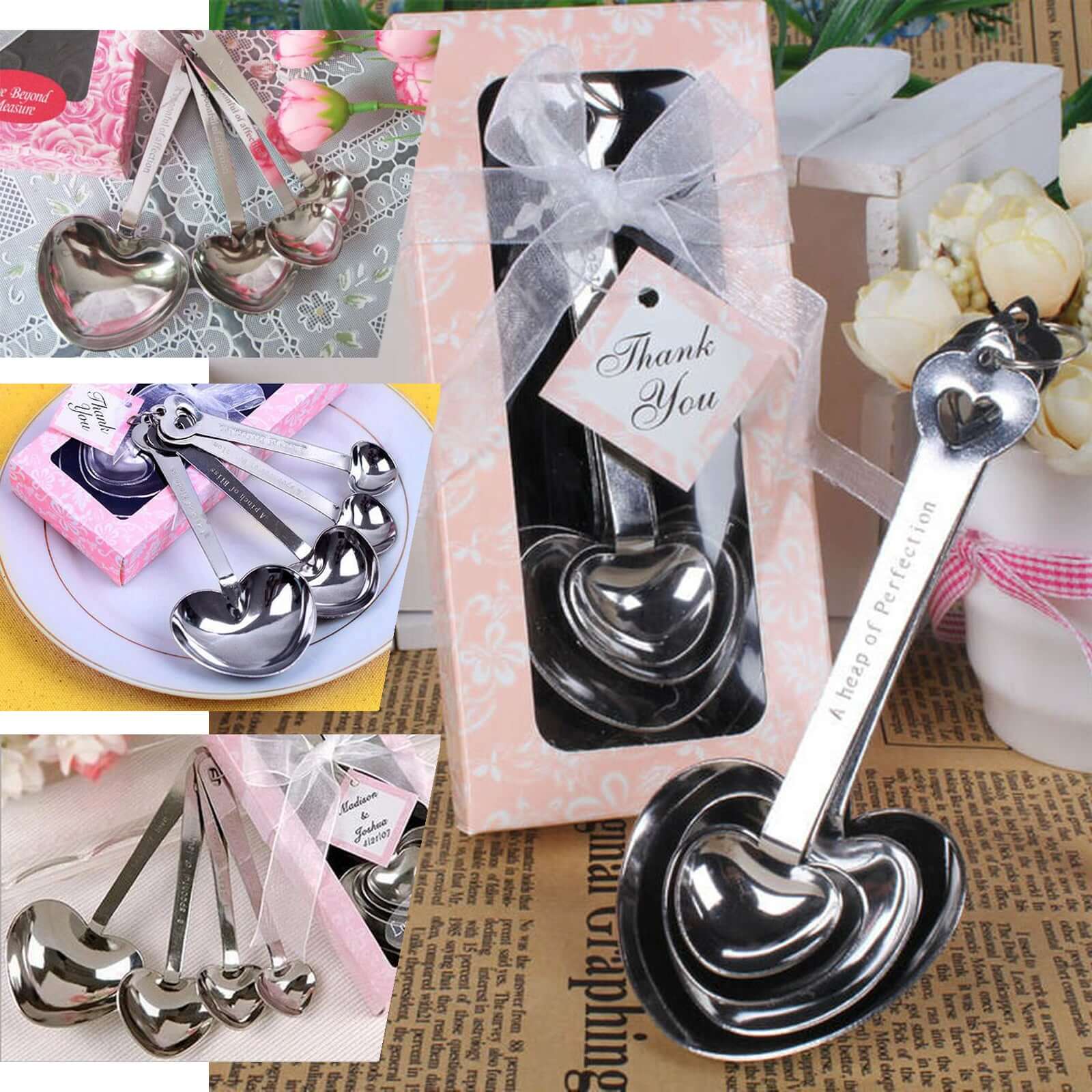 Set of 4 Engraved Silver Heart Measuring Spoon Wedding Party Favors Set, Free Gift Box & Thank You Tag Included