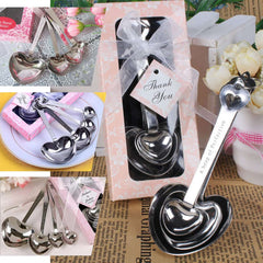 Set of 4 Engraved Silver Heart Measuring Spoon Wedding Party Favors Set, Free Gift Box & Thank You Tag Included