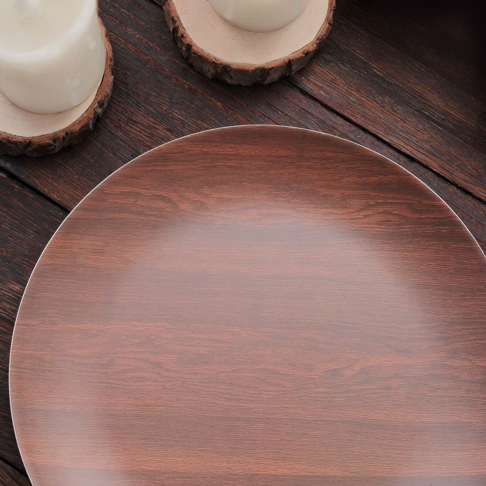 Pack of 6 Melamine 8" Round Dessert Plates in Brown Wood Grain Print - Disposable Shatterproof Appetizer Salad Plates for Rustic Farmhouse-Inspired Table Decor