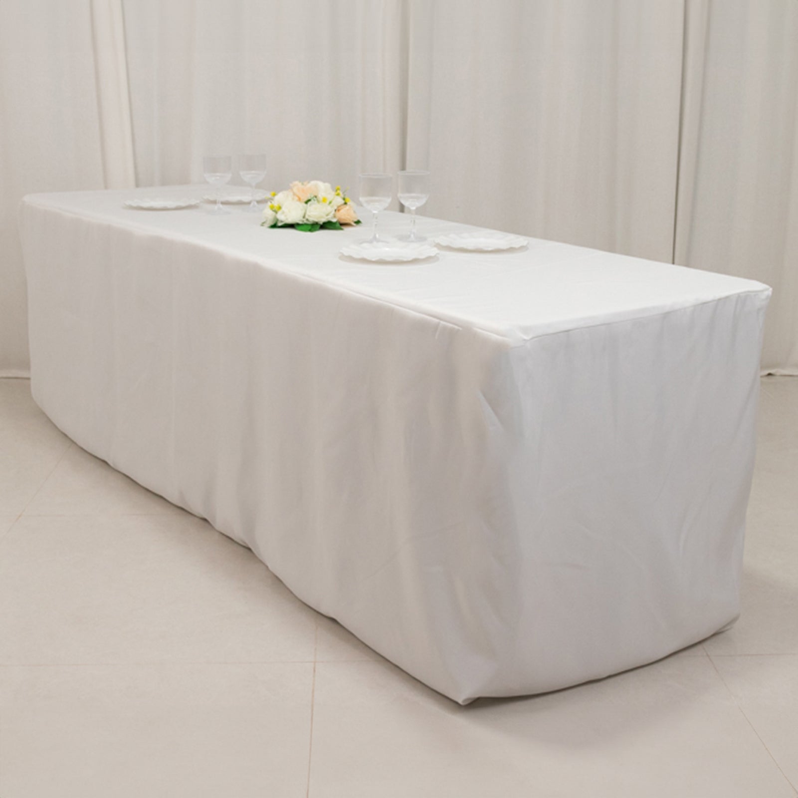 Fire Retardant Premium Polyester 8ft Rectangular Tablecloth White Fitted High-Performance Table Cover for Large Gatherings