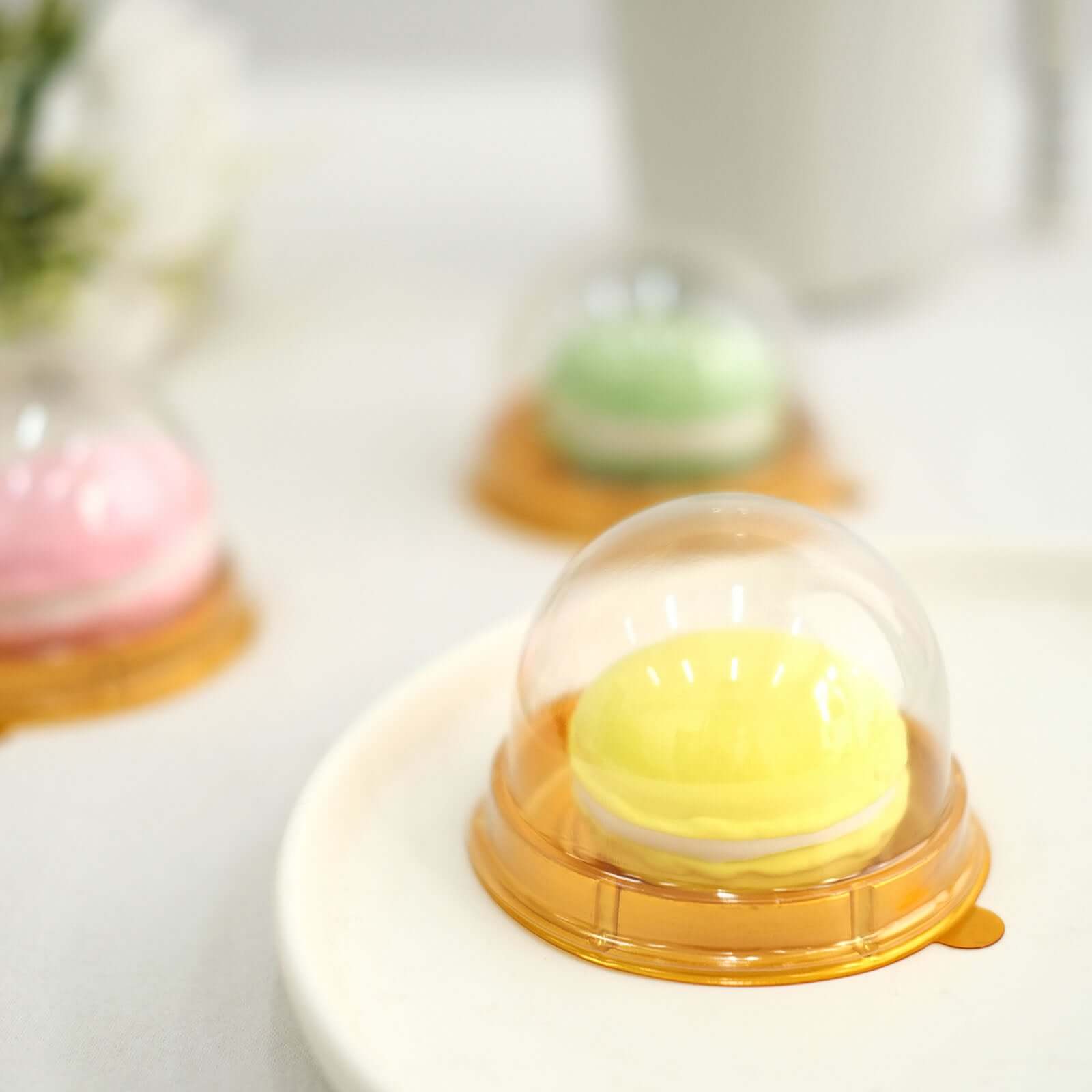 50-Pack Favor Containers Round Dome Design Gold and Clear - Plastic Party Boxes for Cupcakes and Sweets 3"