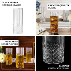 6-Pack Plastic Cocktail Tumblers Transparent Blush Crystal Cut Style - Shatterproof Highball Glasses 14oz
