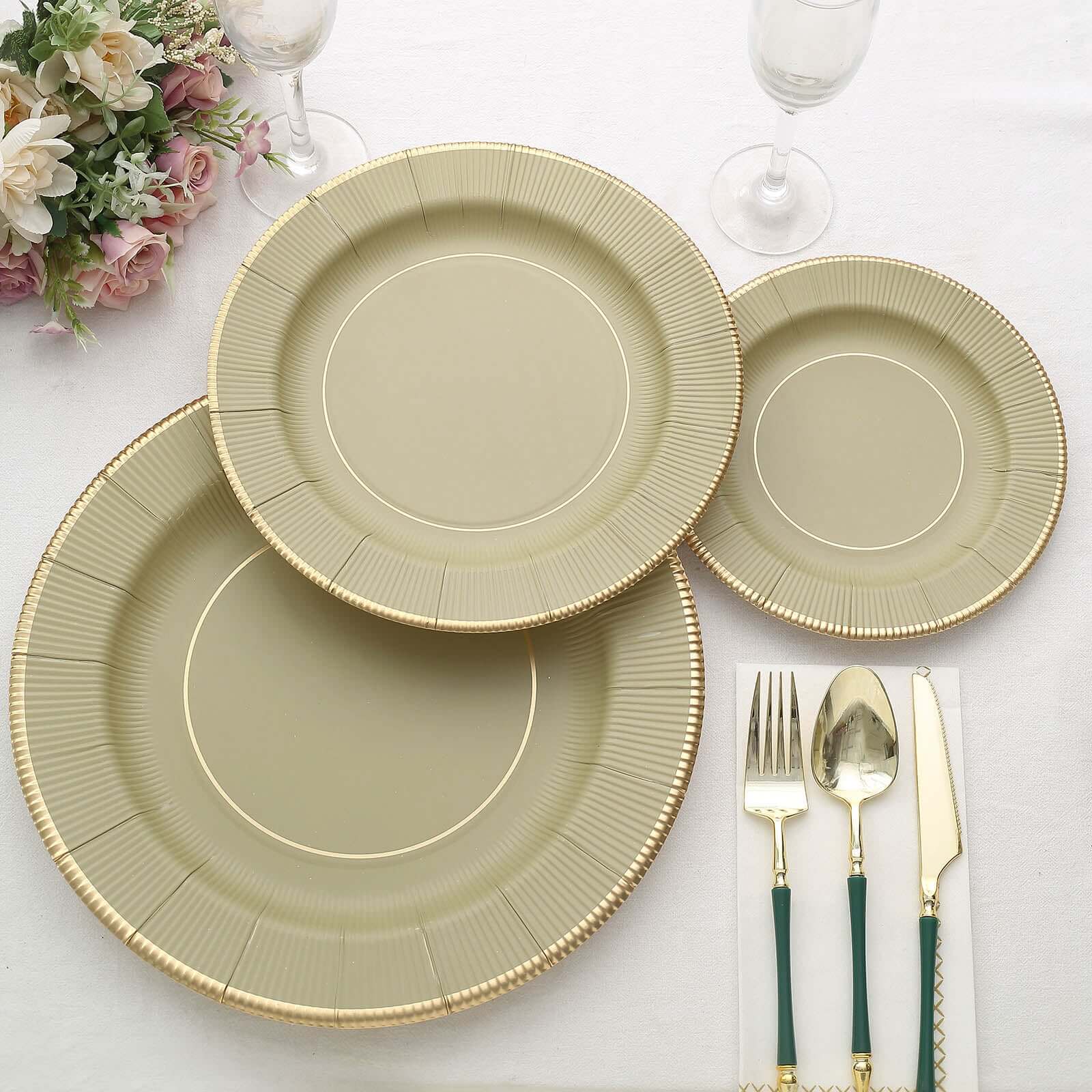 25-Pack Paper 10" Round Dinner Plates in Khaki Sunray Design with Gold Rim - Disposable Heavy Duty 350GSM Party Plates
